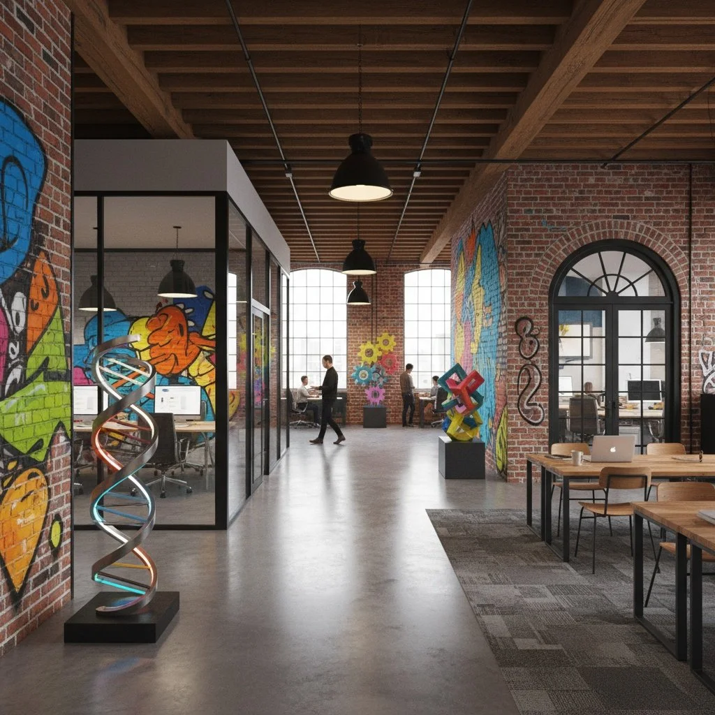 Interior of a modern office with exposed brick walls decorated with colorful graffiti art, large windows, wooden ceiling beams, and industrial-style lighting. There are glass-enclosed meeting rooms, desks with computers, and sculptures including a DNA helix and geometric art pieces.