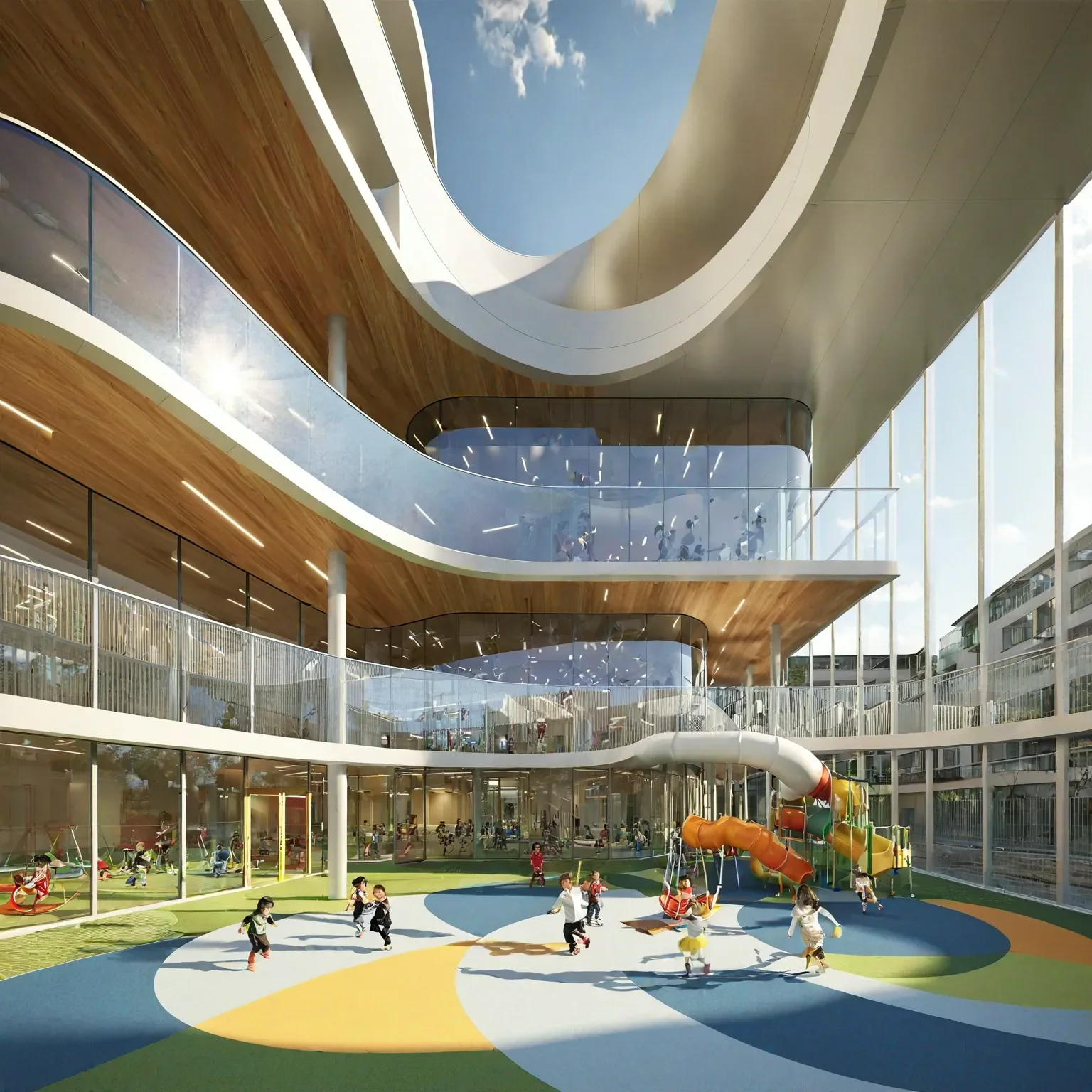 Indoor playground with colorful rubber flooring, children playing on swings, slides, and climbing structures, surrounded by glass walls and modern architecture with curved balconies and wooden accents.