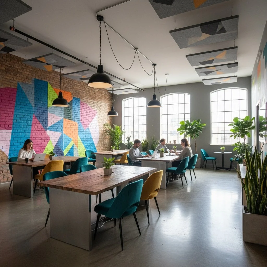 Bright, modern co-working space with large windows, colorful chairs, wooden tables, potted plants, and abstract wall art.
