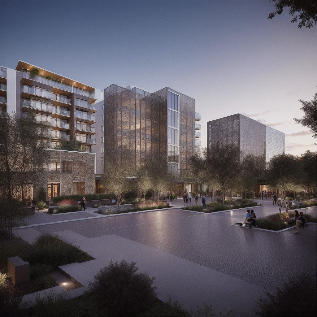 Modern residential and office buildings with people sitting and walking in a landscaped urban plaza during evening or early dusk.