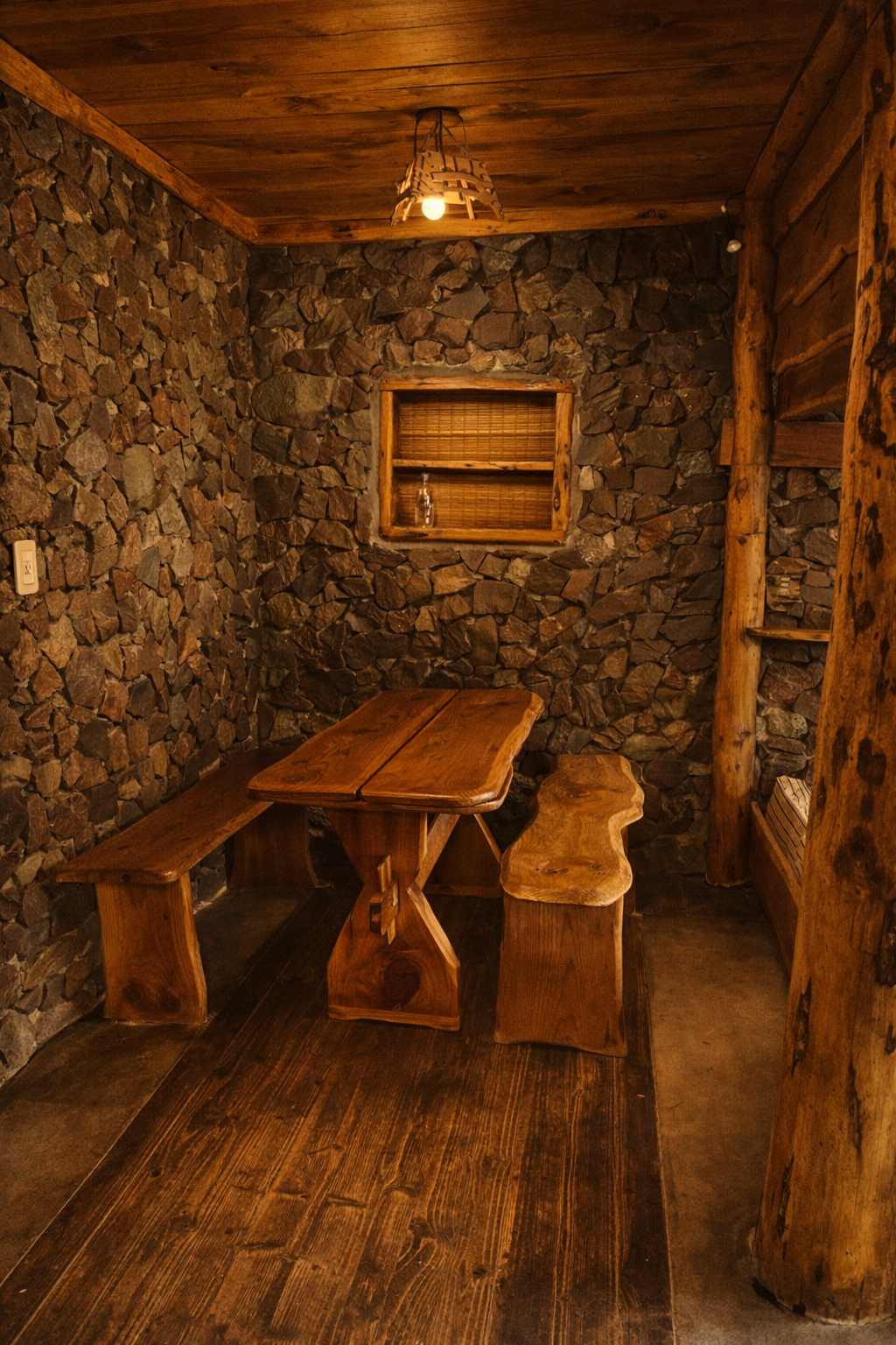 Interiores de una cabaña de madera con paredes de piedra, mesa y bancos de madera, iluminación tenue y una ventana pequeña.