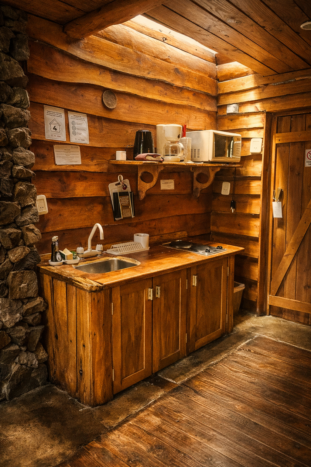 Cocina rústica con encimera de madera, fregadero y electrodomésticos pequeños como cafetera, microondas y calentador de agua, en paredes de madera y piedra.