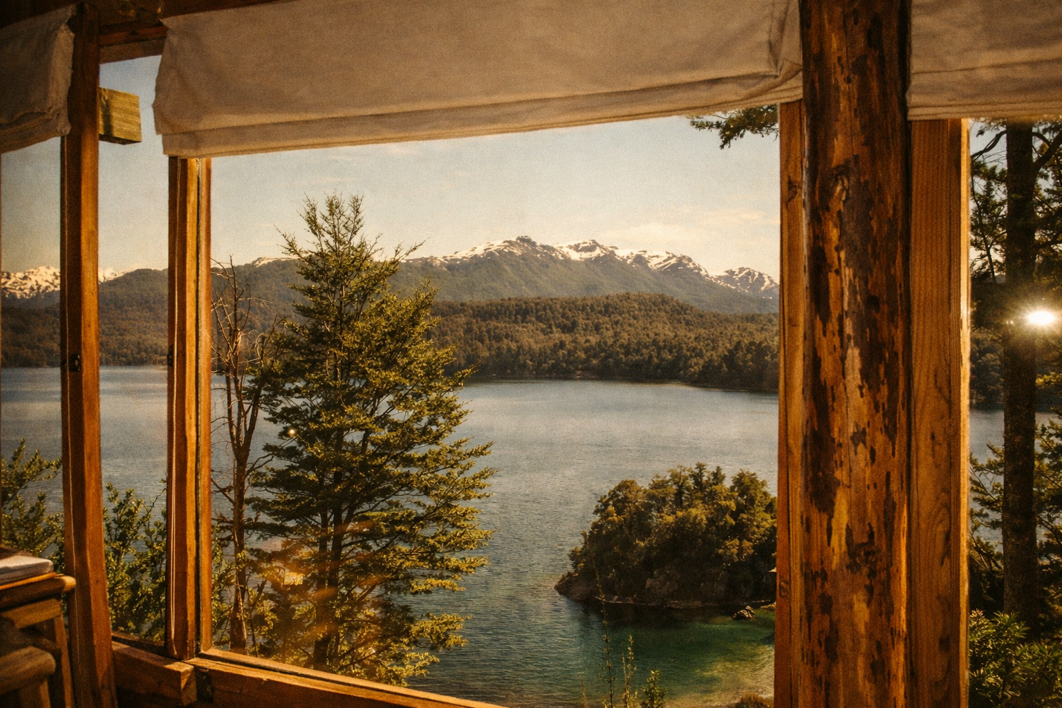Ventana de madera que enmarca un paisaje de lago, árboles y montañas con nieve en la cima bajo cielo despejado.