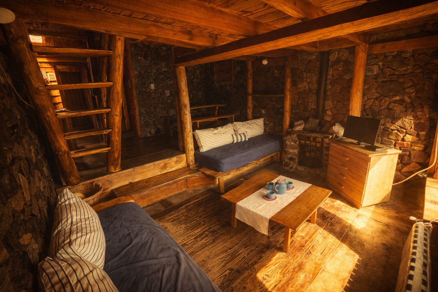 Sala de estar con paredes de piedra y mobiliario de madera, incluyendo sillones con cojines rayados, una mesa de centro con té y tazas, y un televisor sobre un mueble de madera, con iluminación cálida.