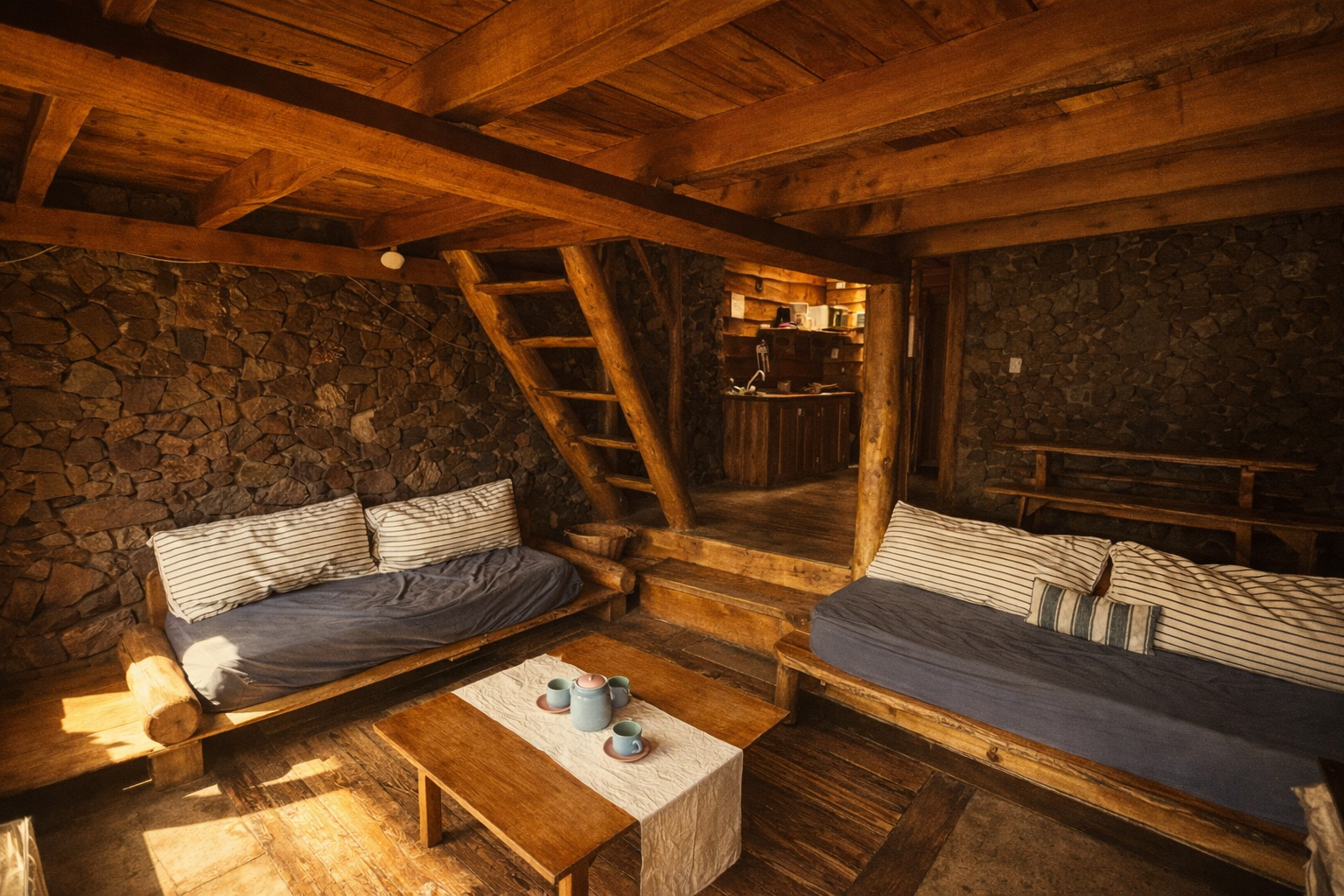 Sala de estar con paredes de piedra, muebles de madera y dos sofás con mantas a rayas. En el centro, una mesa de madera con una bandeja y tazas. Al fondo, una cocina pequeña con fregadero y estanterías de madera.