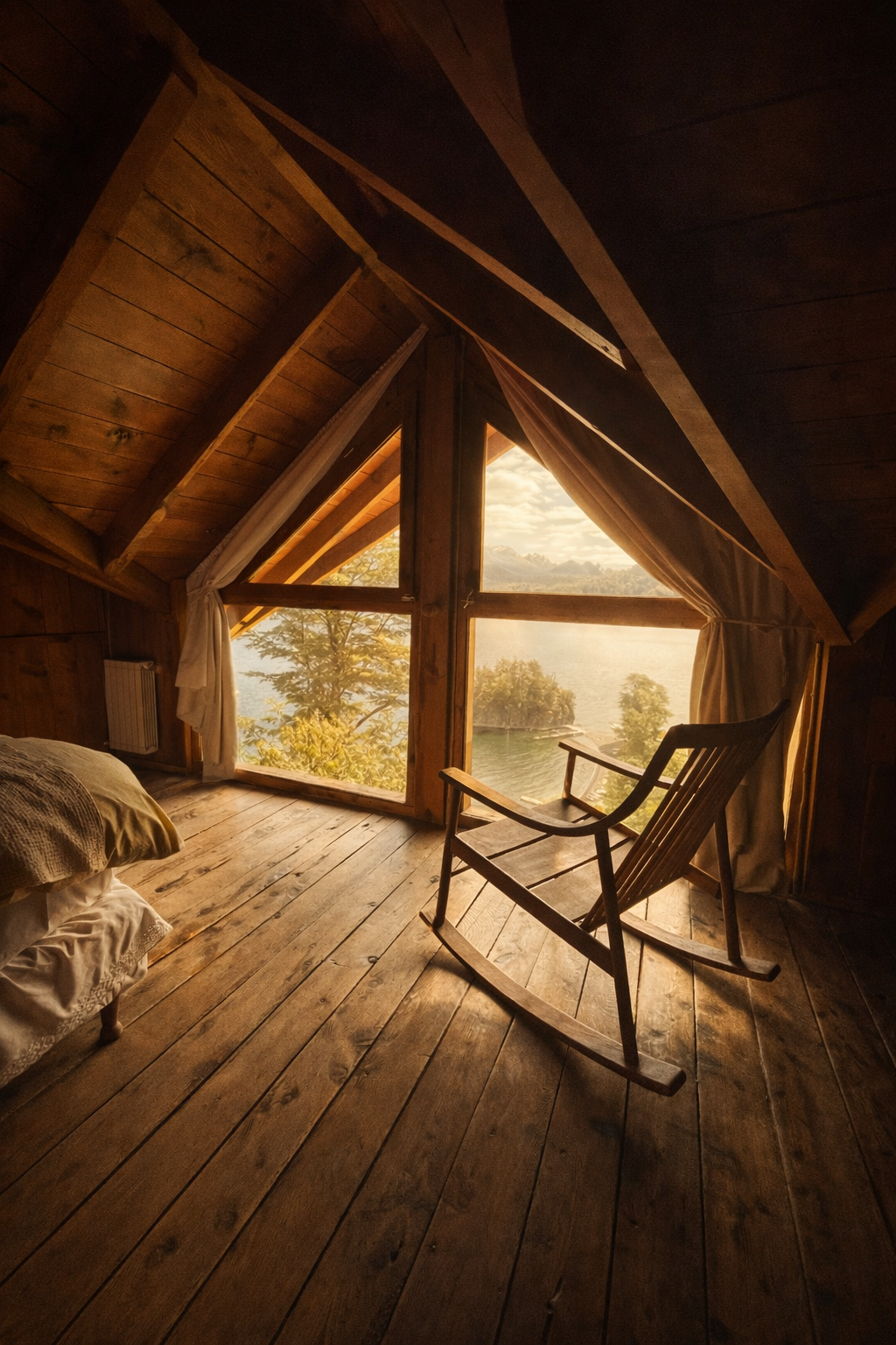 Vista al lago desde una acogedora cabaña de madera, con una mecedora y cortinas suaves en la ventana.