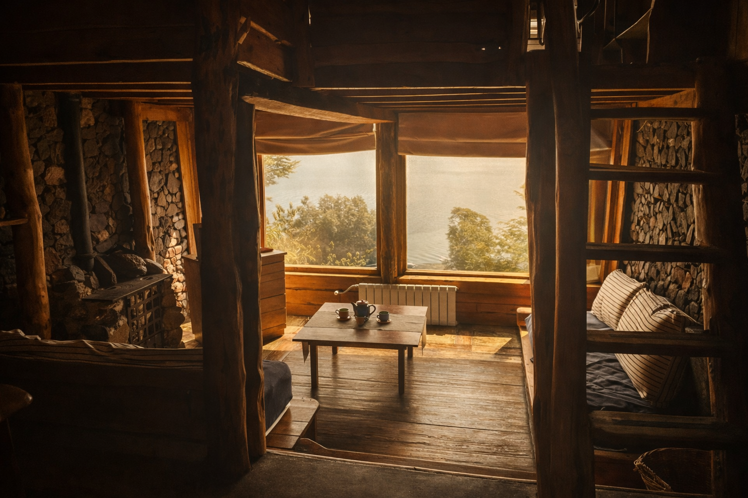 Interior de cabaña de madera con una ventana grande, vista a árboles y agua, sillón con cojines, mesa con tazas y jarra, y escaleras de madera.