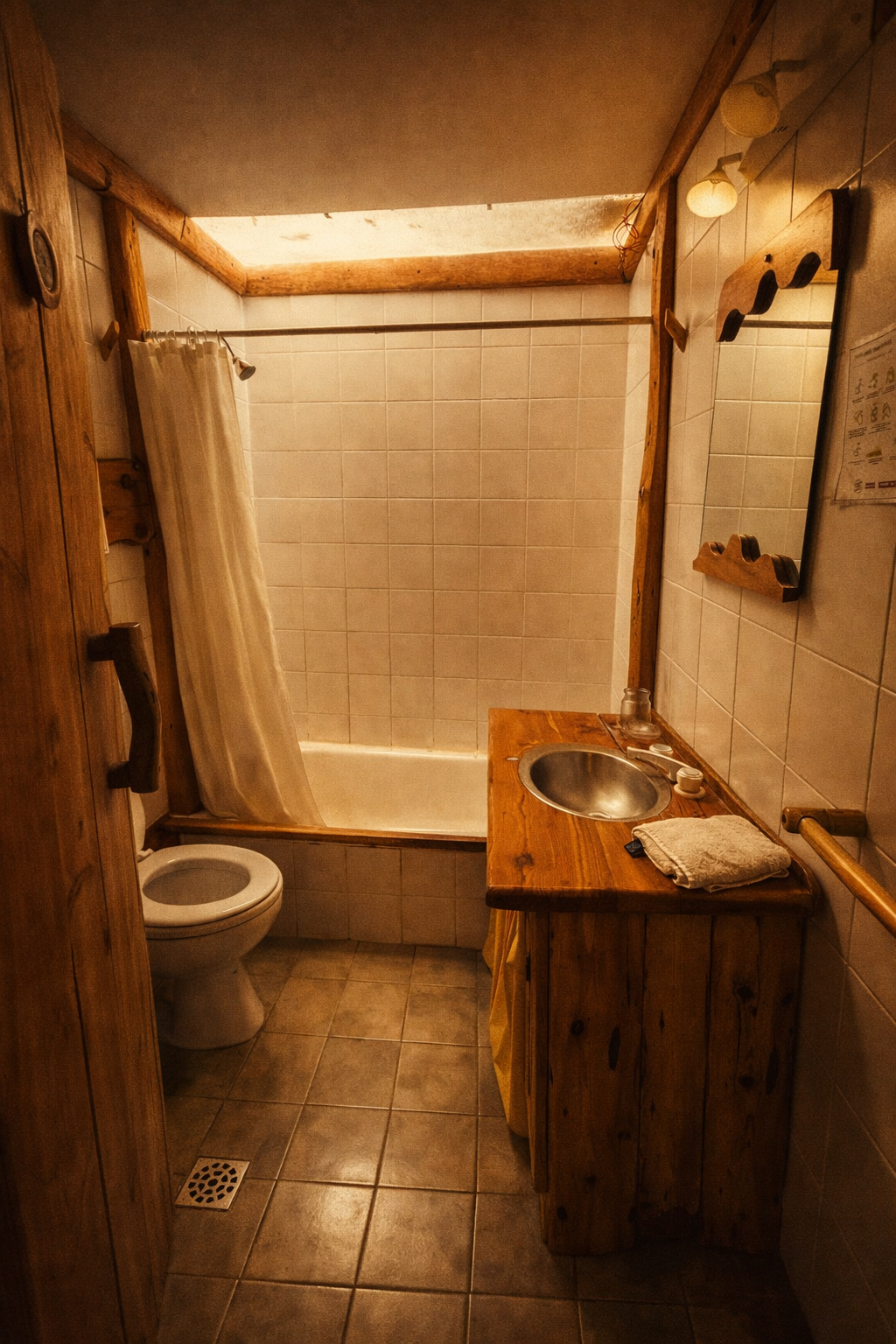 Baño con azulejos blancos, lavabo de madera con tazón de metal, espejo grande en la pared, cortina de ducha blanca, inodoro, y suelo de baldosas.