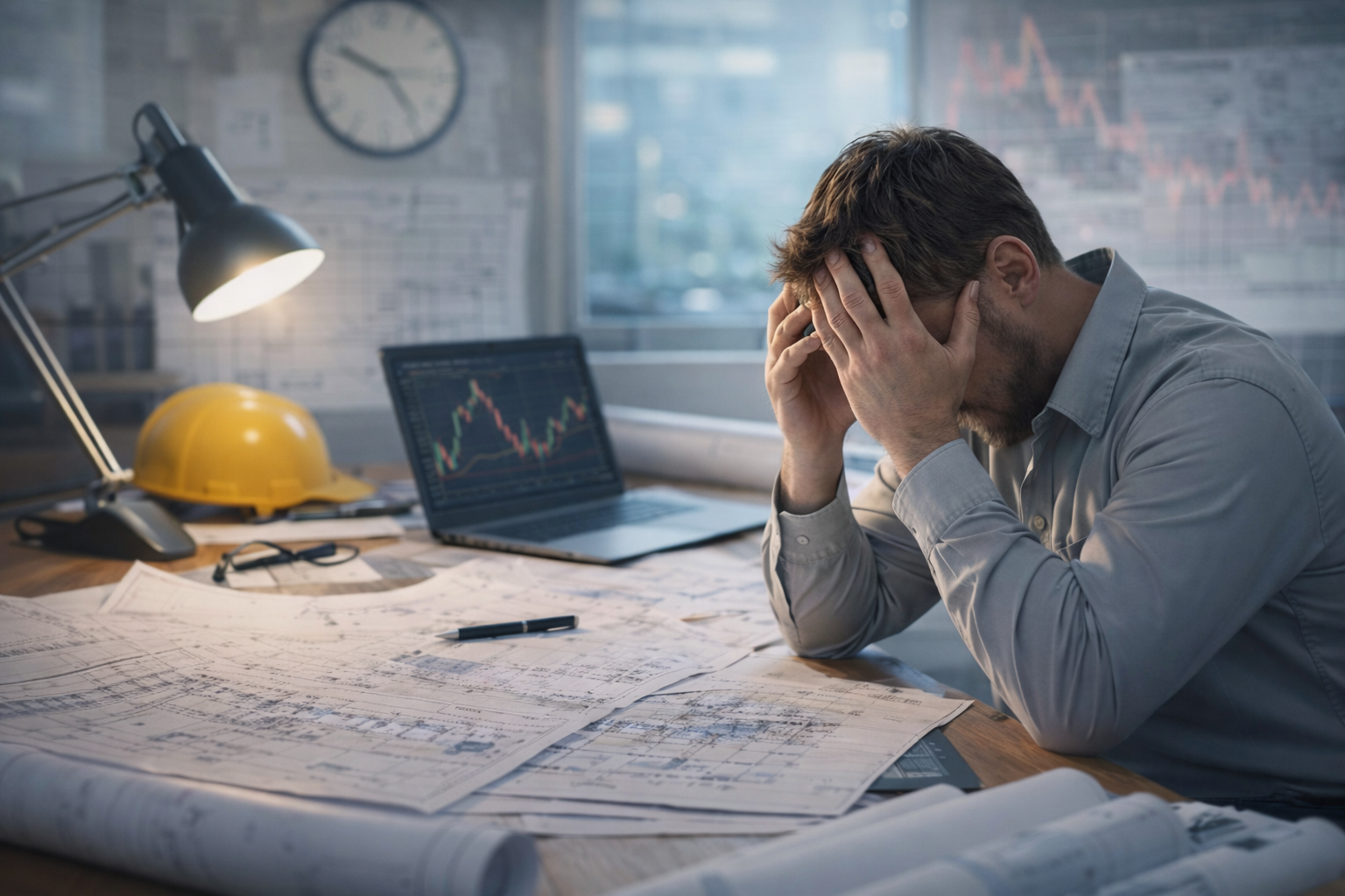 Man sitting at a cluttered desk holding his head in frustration, with plans, a yellow hard hat, a laptop with stock charts, and a desk lamp in a modern office