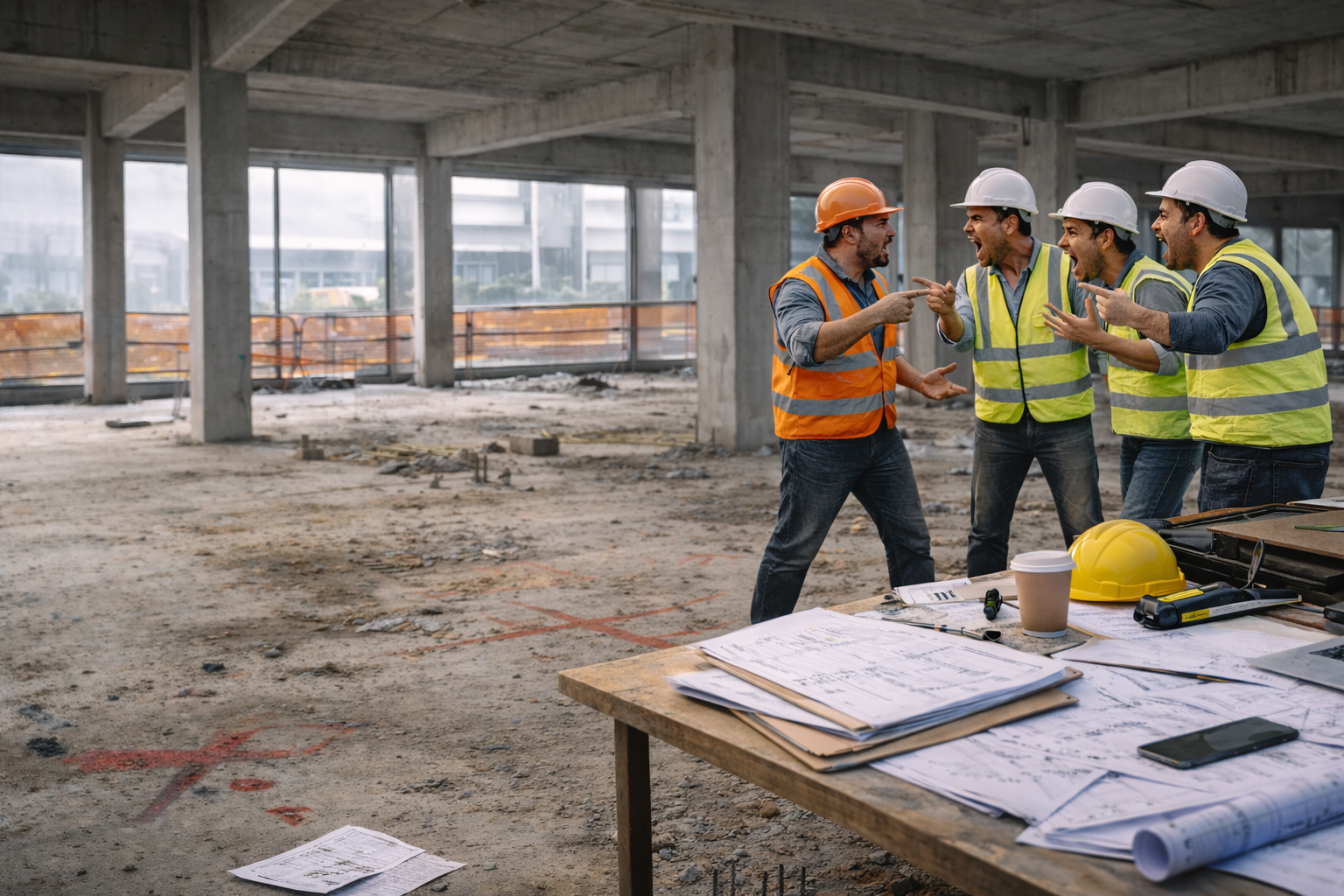 Four construction workers in safety vests and helmets arguing and pointing at each other inside a building under construction, with a table of blueprints and tools in the foreground.