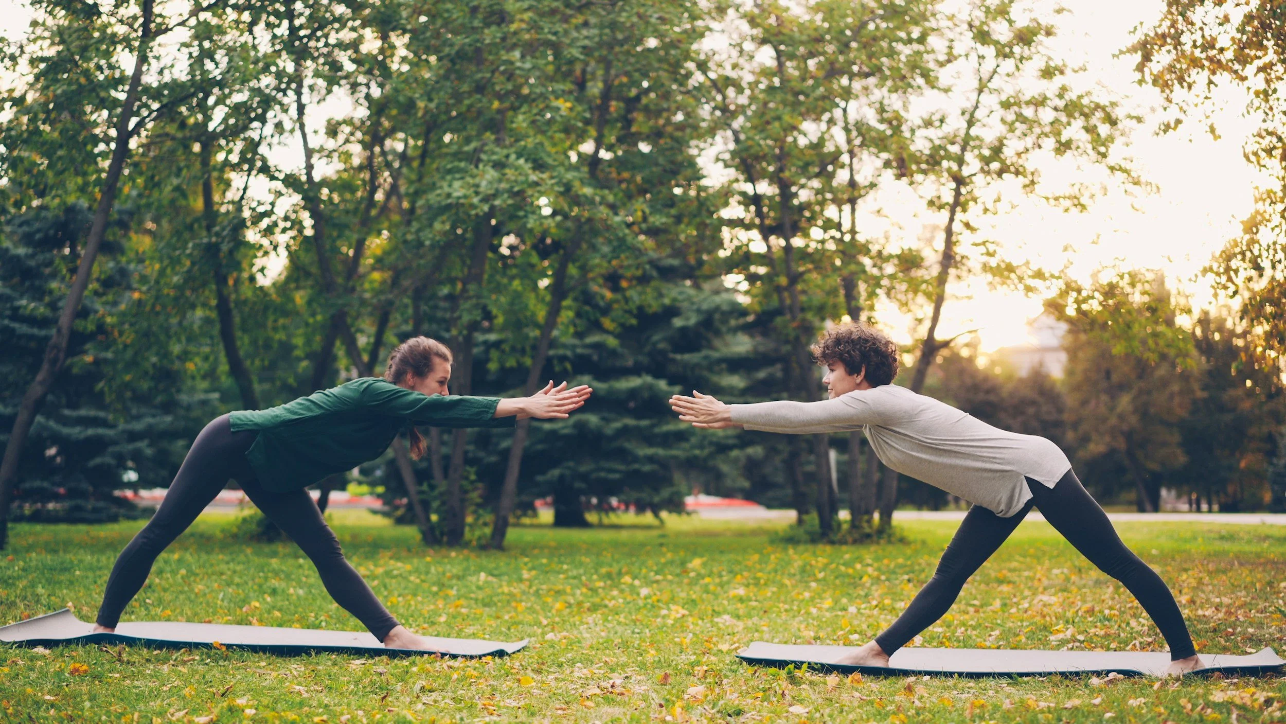 Two people practicing yoga on mats in a park, reaching toward each other in a mirrored pose, surrounded by trees and fallen leaves, during sunset.