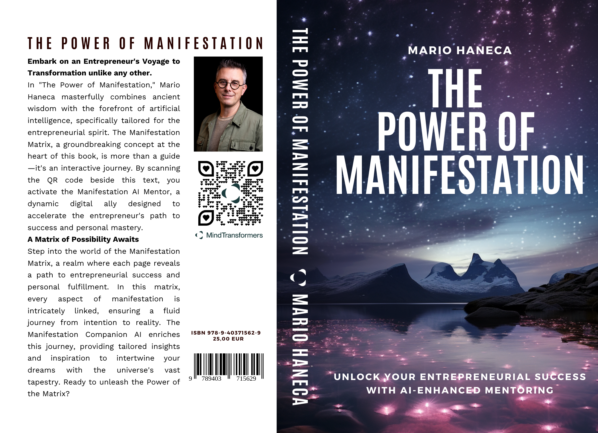 Boekomslag van "The Power of Manifestation" door Mario Haneca, met een afbeelding van een sterrenhemel en bergen, en de titel in grote witte letters.