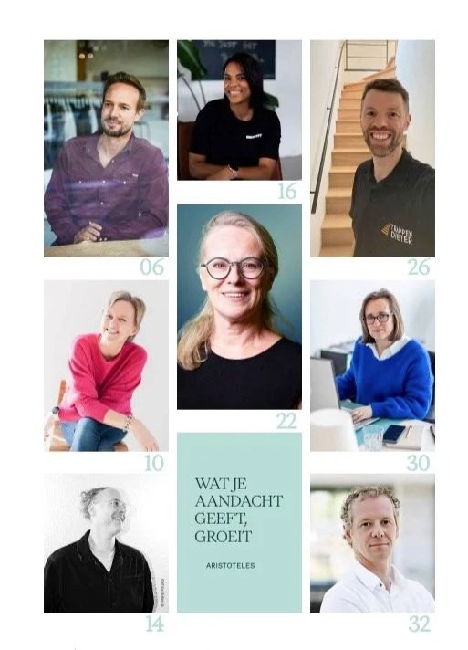 Collage van acht portretfoto's van diverse mensen, met een quote van Aristoteles in het midden: 'Wat je aandacht geeft, groeit'.