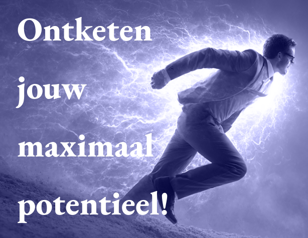 Een man die hard rent met een bliksemschicht achter zich, tekst in het Nederlands: 'Ontketen jouw maximaal potentieel!'.
