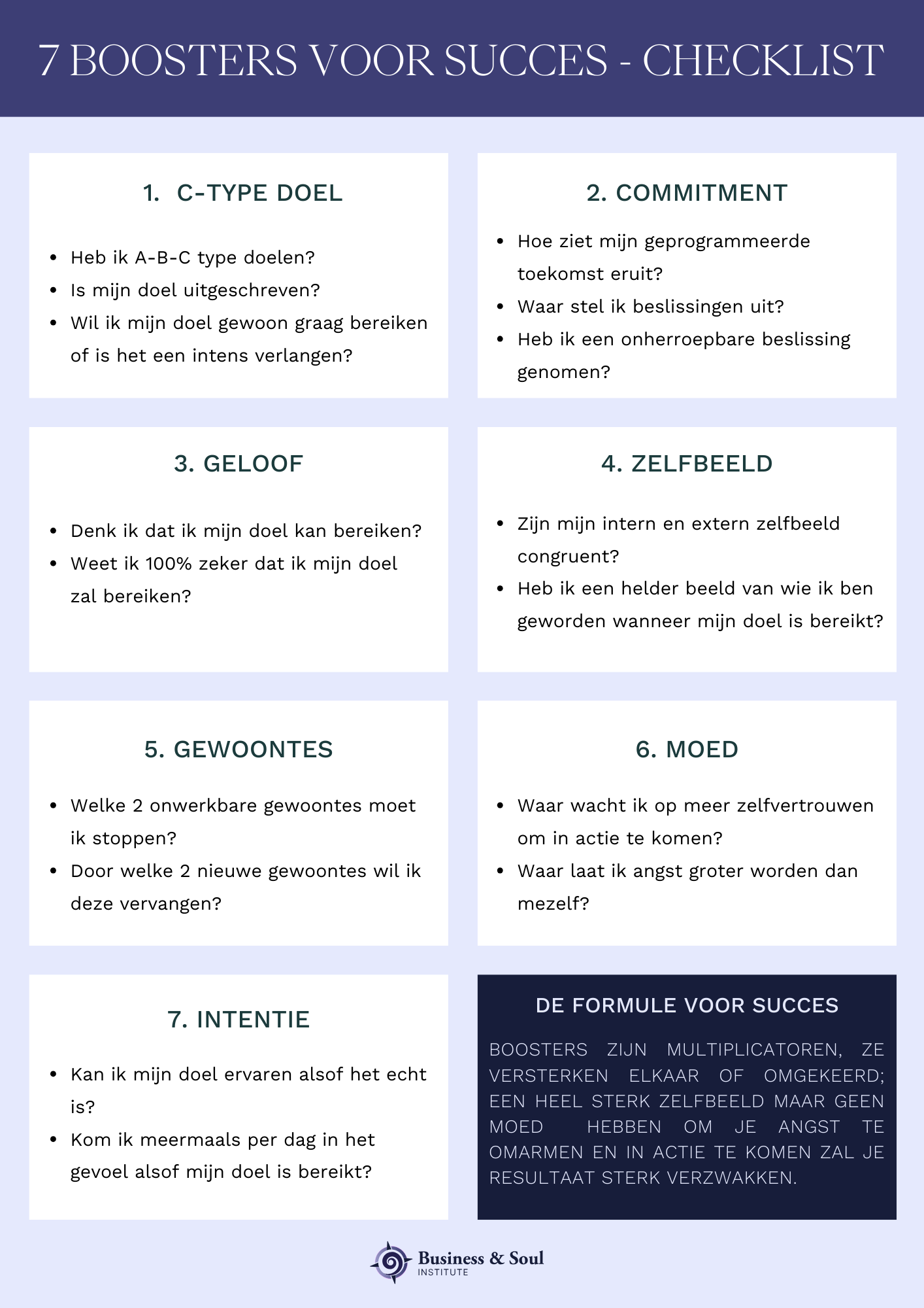 Een overzichtelijke checklist met de titel '7 Boosters voor Succes'.