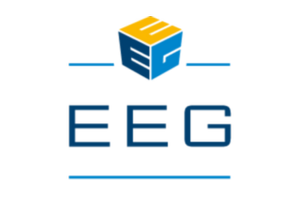 Logo van een blauwe kubus met een gele bovenkant en de tekst 'EEG' eronder.
