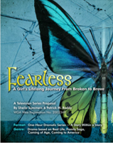 Book cover titled 'Fearless' featuring a butterfly with blue, black, and green wings, and various splattered paint effects in the background.