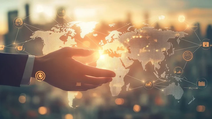 Hand gesturing in front of a digital world map with icons representing technology and communication.