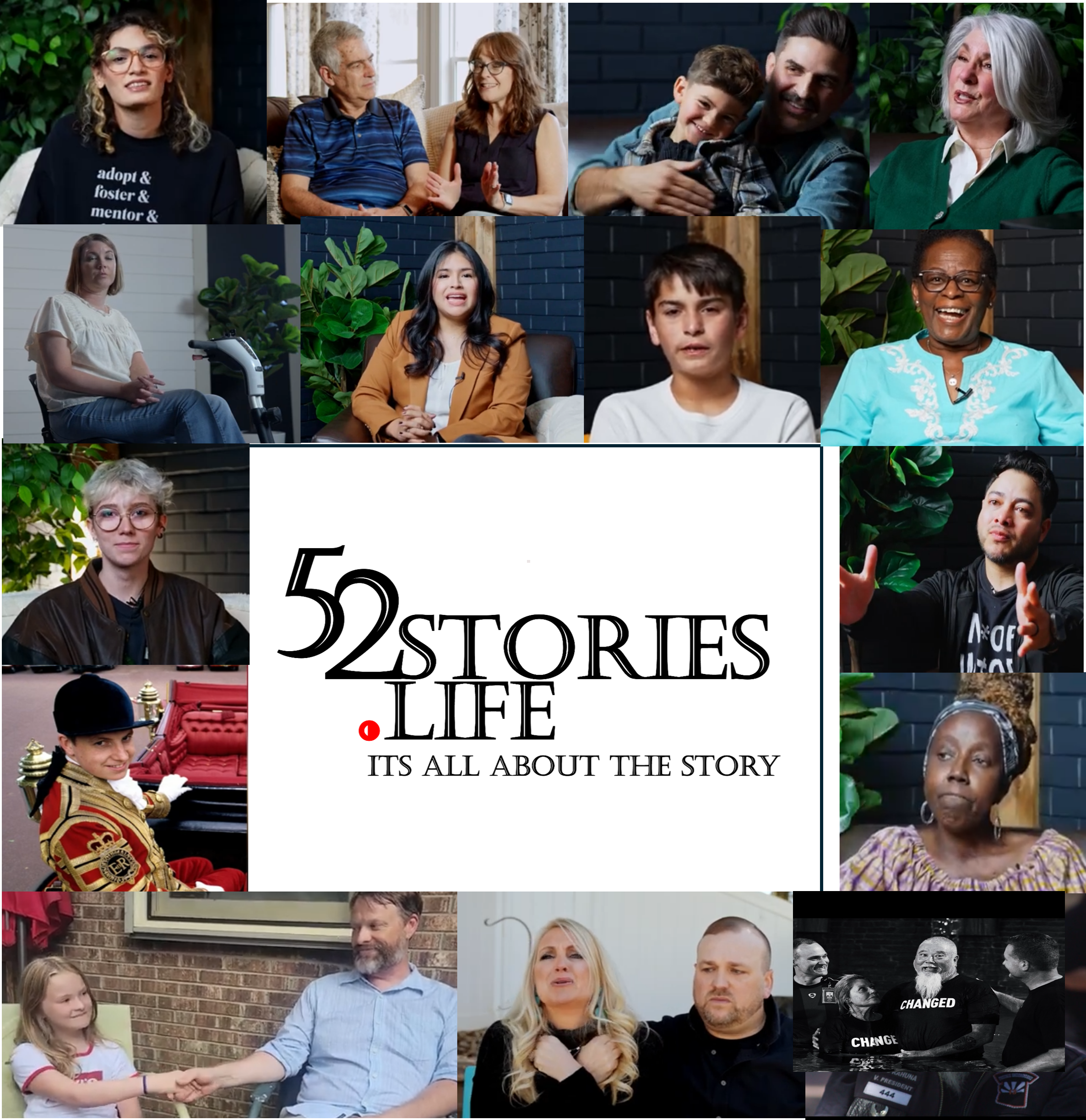 Collage of diverse people of various ages and backgrounds participating in interviews or discussions, with a central text overlay reading '52 Stories of Life: It's All About the Story.'