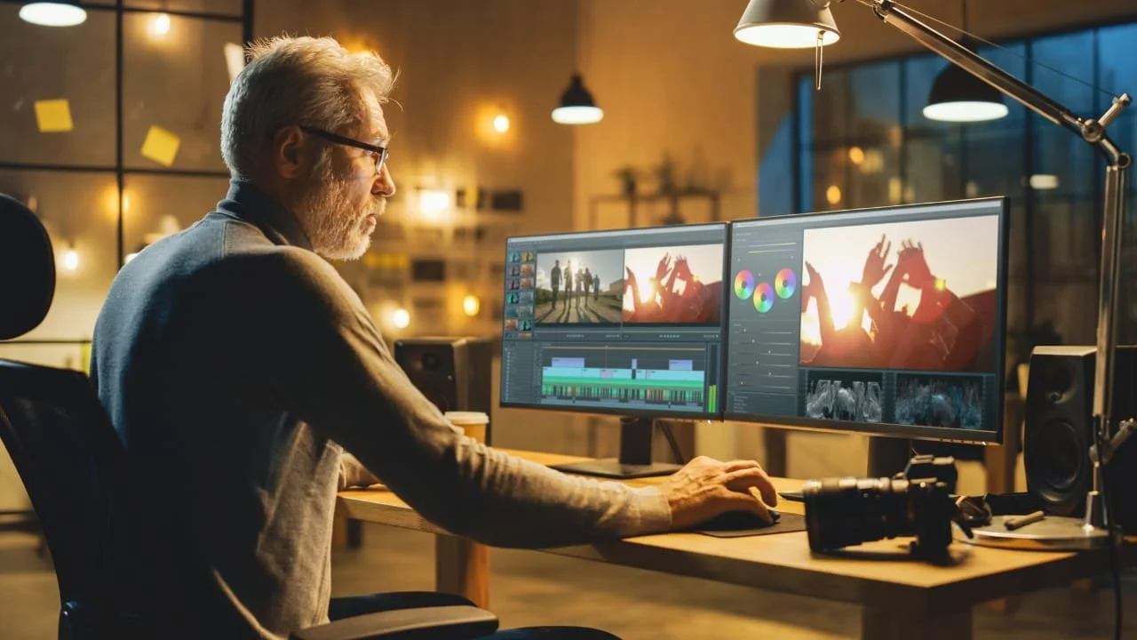 A man with glasses and white hair working on a video editing project at a desk with dual monitors in a dimly lit room.