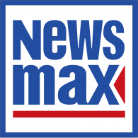 Logo of Newsmax with blue and red text on a white background.