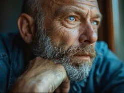 Close-up of an older man with a beard, looking contemplative and resting his chin on his hand, wearing a blue shirt.