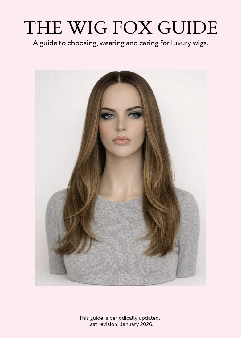 Cover page of a guide titled 'The Wig Fox Guide' featuring a woman with long, wavy, light brown hair wearing a gray top, on a light pink background.