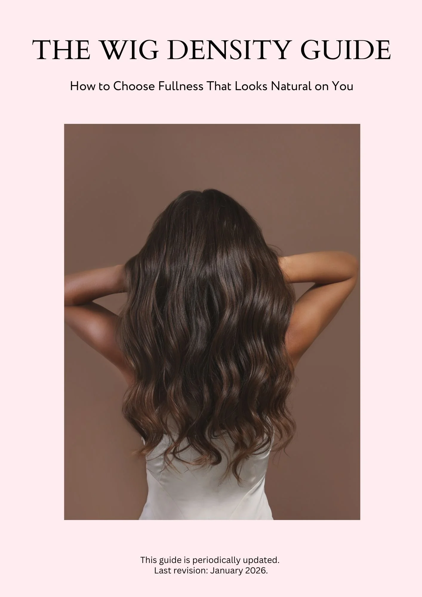 Book cover titled "The Wig Density Guide," showing a woman with long, wavy brunette hair, with her back to the camera, against a neutral background.