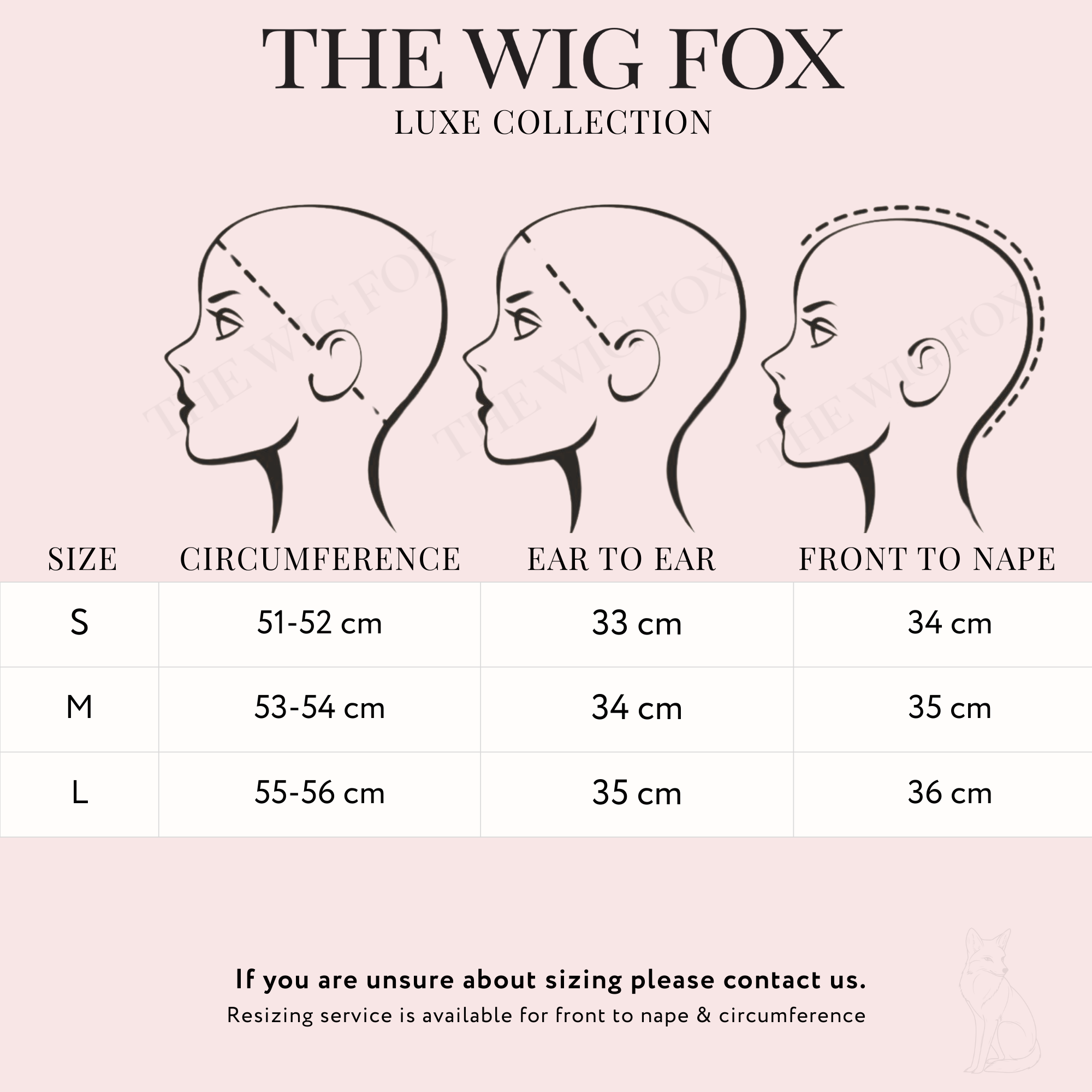 Size guide for The Wig Fox Luxe Collection showing three profile illustrations of women with different wig cap styles and head measurements. The table provides size options S, M, L with corresponding circumference, ear to ear, and front to nape measurements.