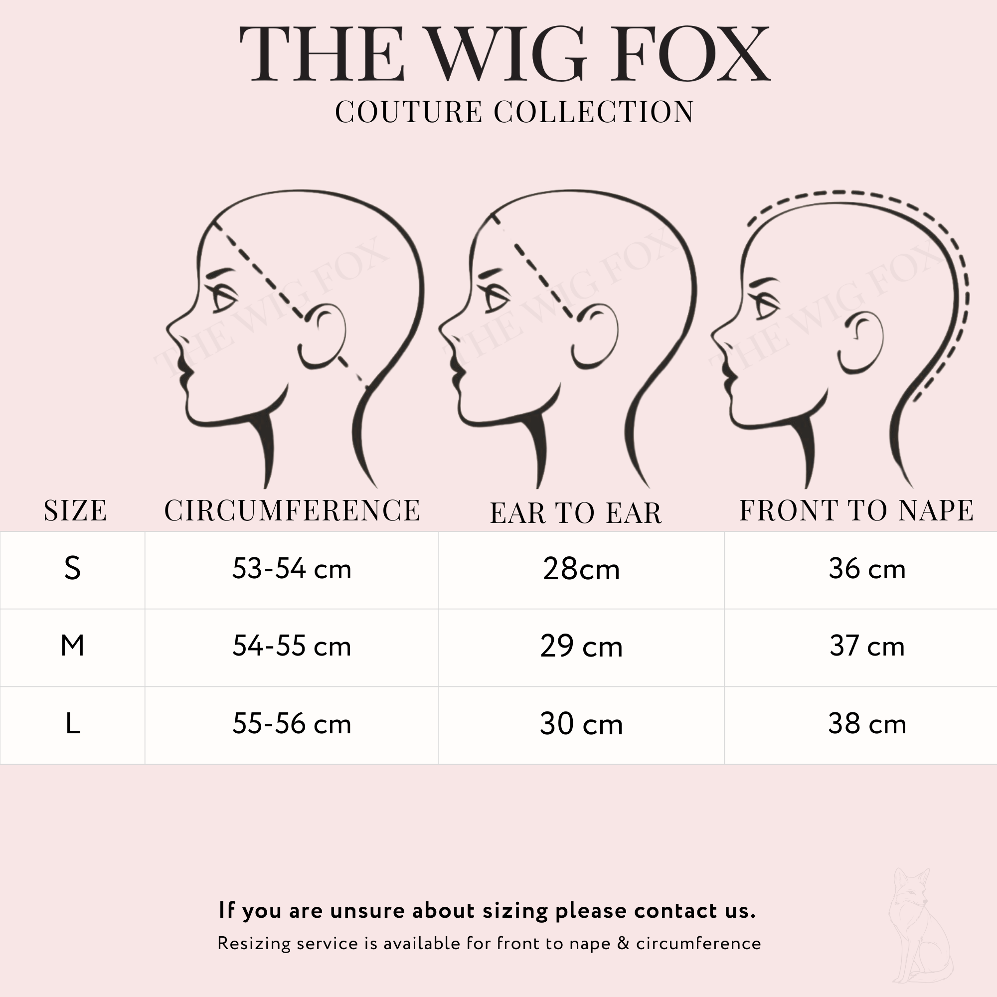 Sizing chart for The Wig Fox Couture Collection showing three side-profile illustrations of a woman with different wig sizes: small, medium, and large. The chart provides measurements for circumference, ear to ear, and front to nape for each size.
