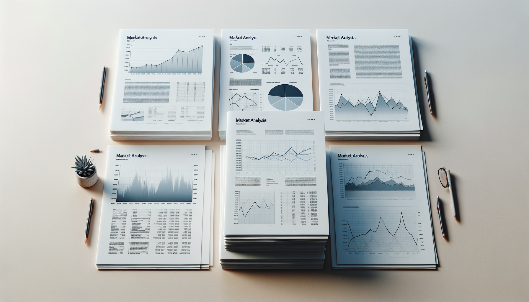 Several reports titled 'Market Analysis' with graphs, charts, and data tables spread on a white desk, accompanied by pens and a small potted plant.