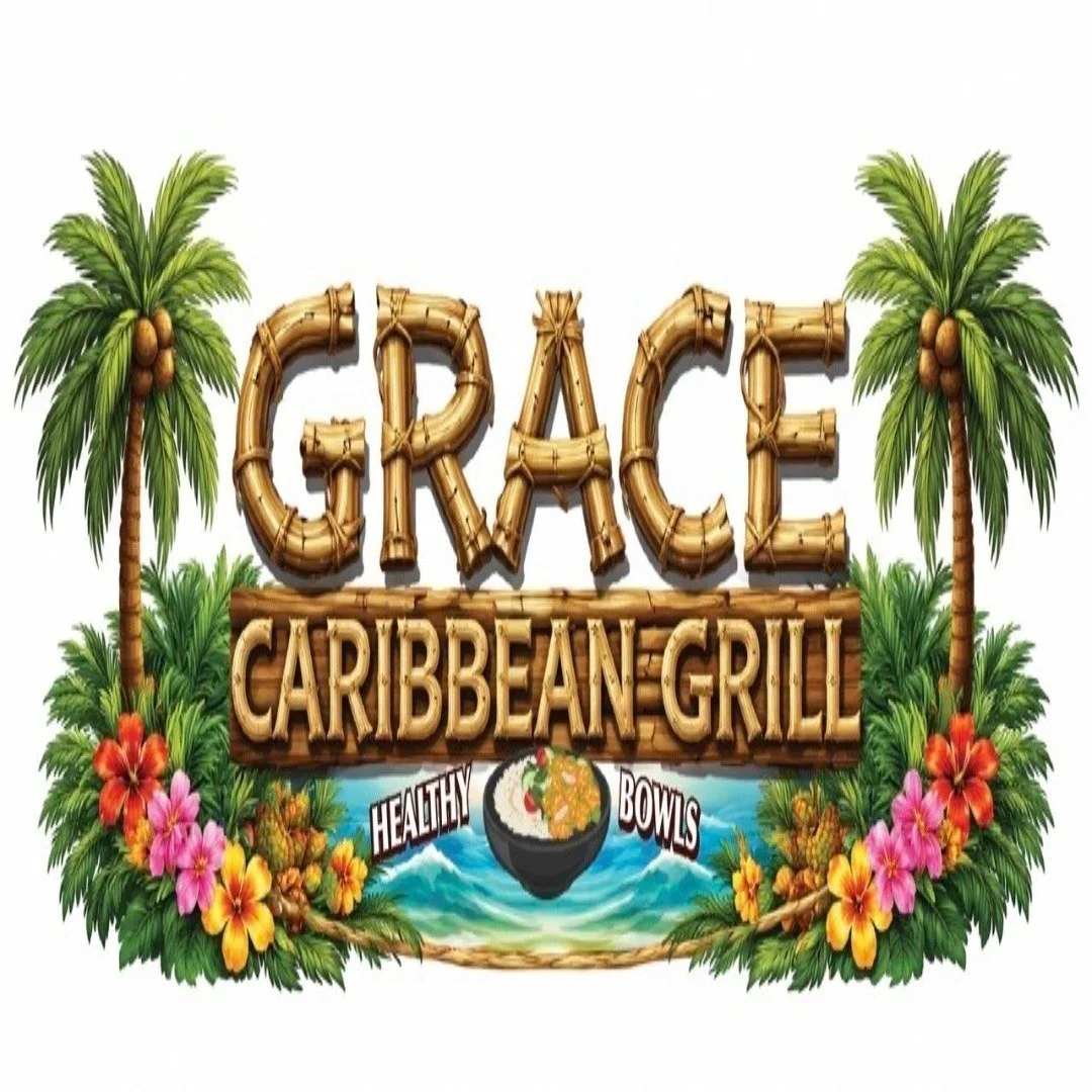 Colorful logo for Grace Caribbean Grill with palm trees, flowers, a bowl of food, ocean waves, and the words "Healthy Bowls".