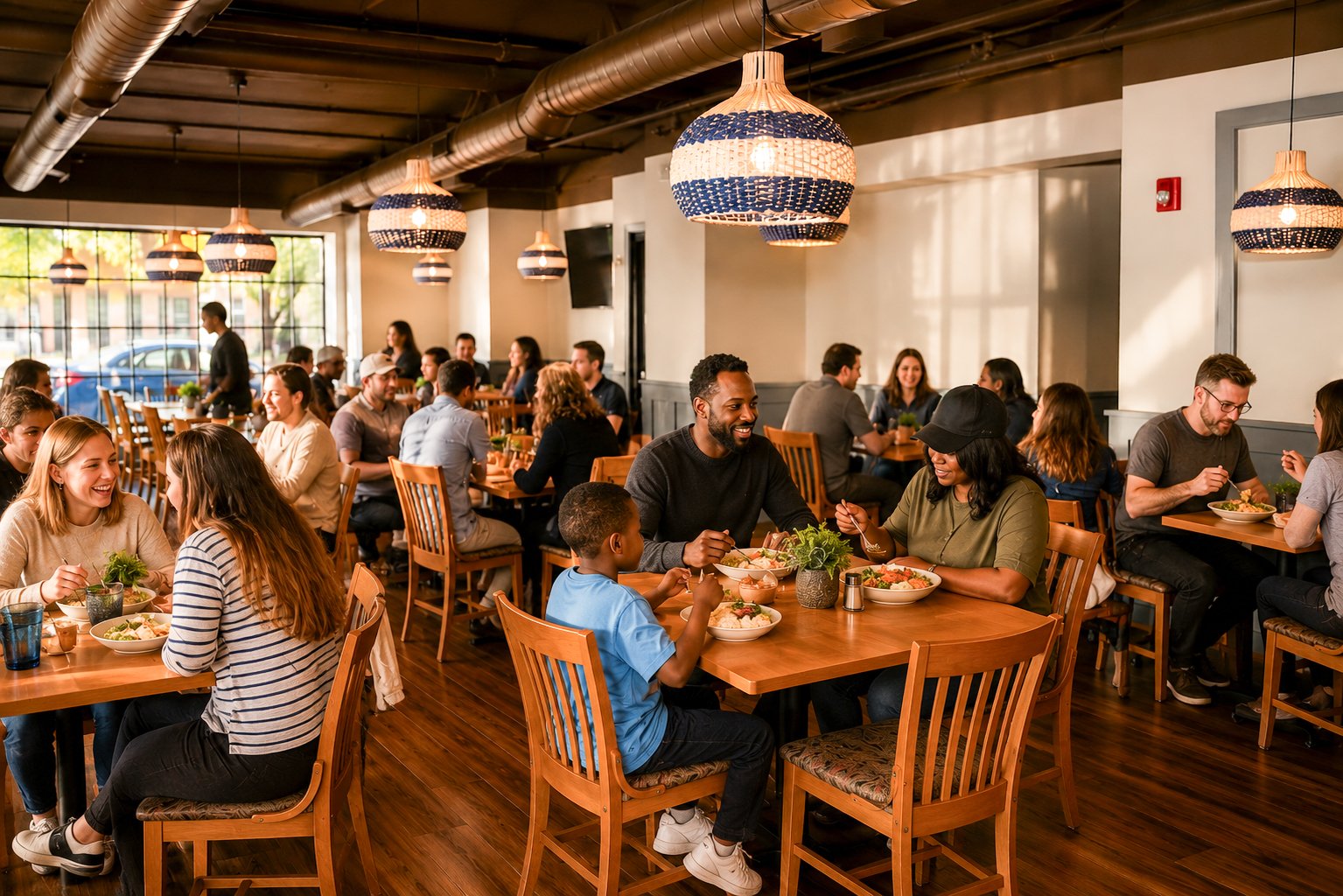 A lively restaurant with diverse customers enjoying meals at wooden tables, decorated with small plants. The interior features warm lighting, large windows, and wooden flooring, creating inviting atmosphere.