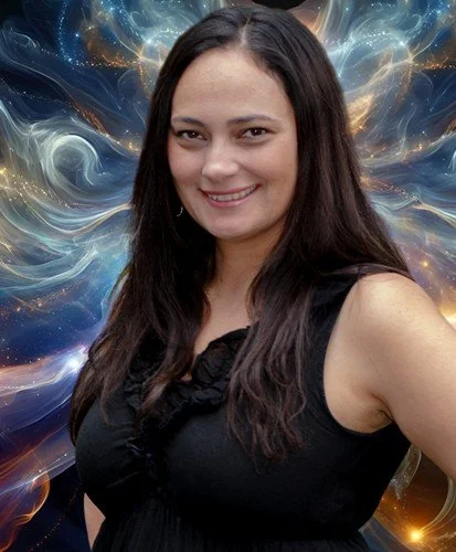 Young woman with long dark hair smiling, wearing a black sleeveless top, with a colorful cosmic background.