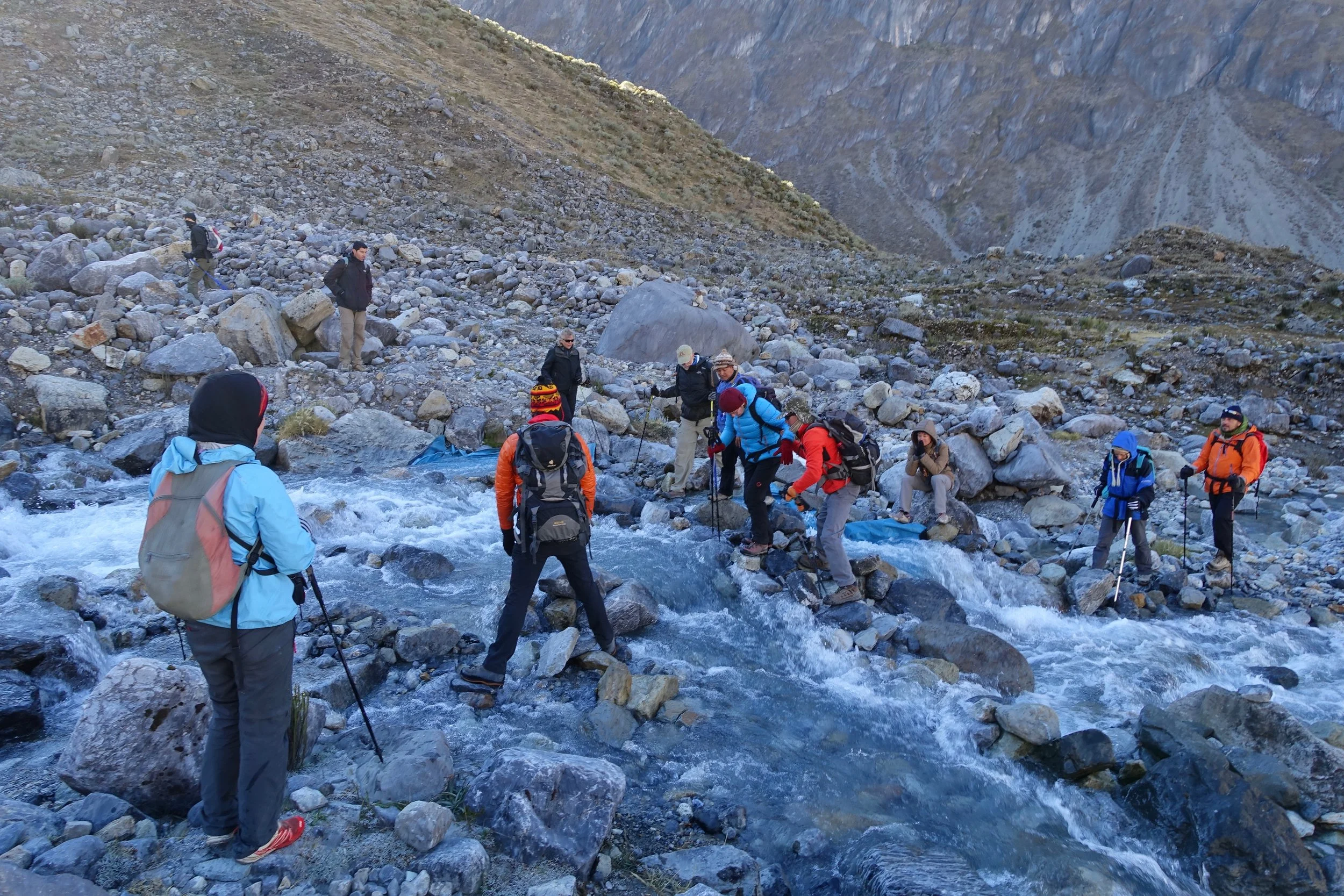 River crossing on Huayhuash circuit in Peru