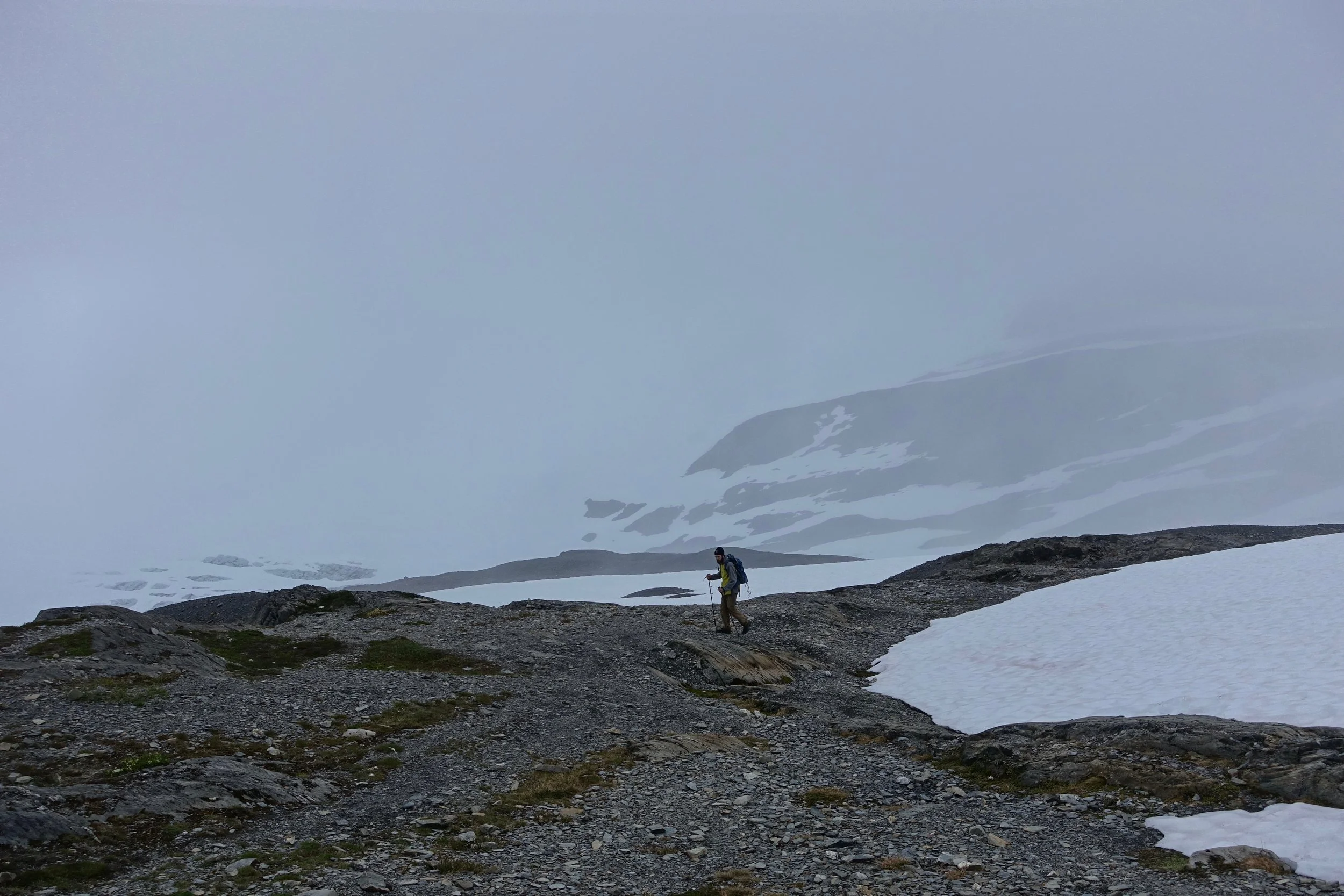 Hiking in the fog in Kenai Fjords National Park in Alaska