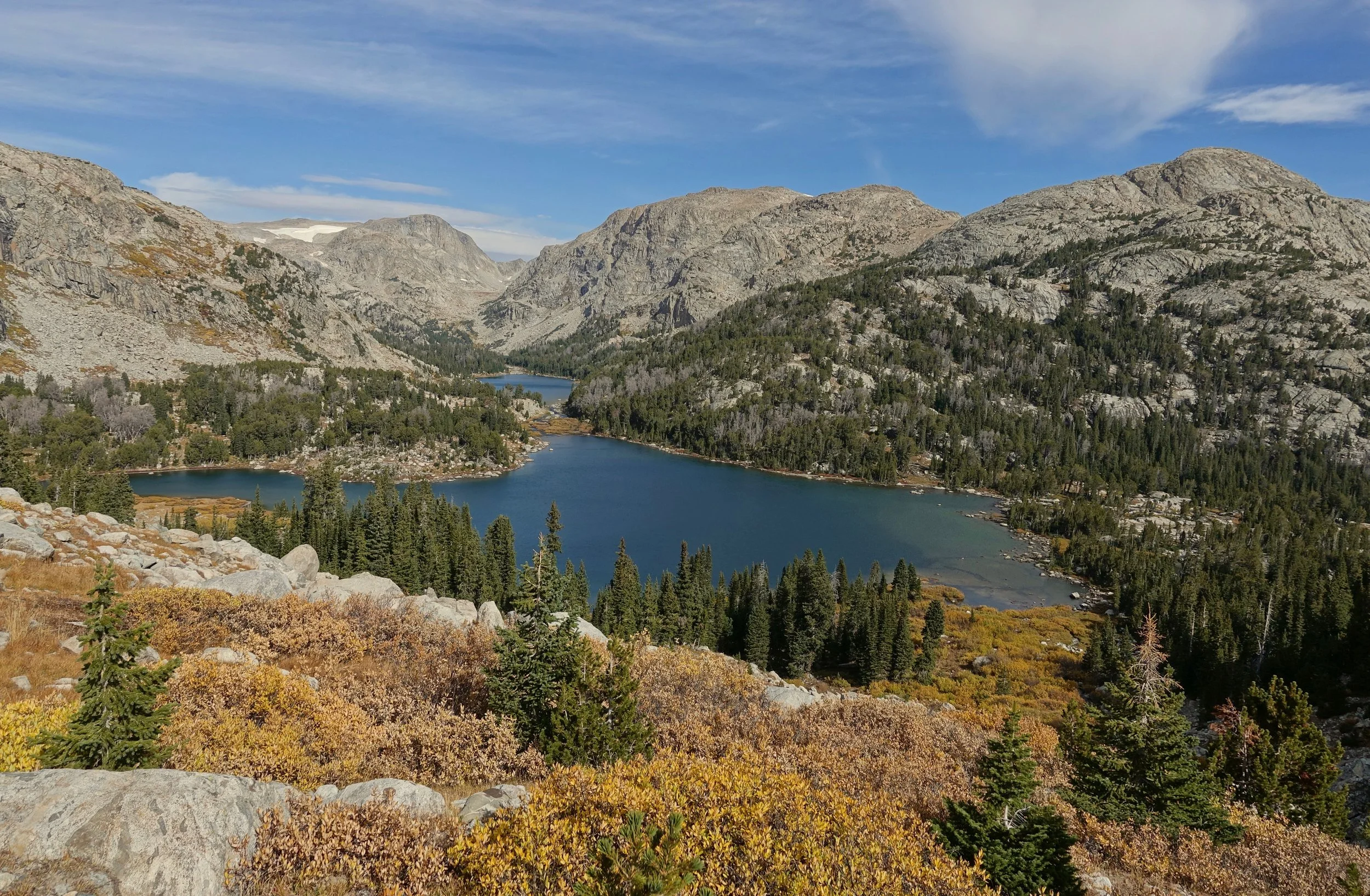 Looking back at Golden Lakes while climbing Hay Pass in the Wind River Range
