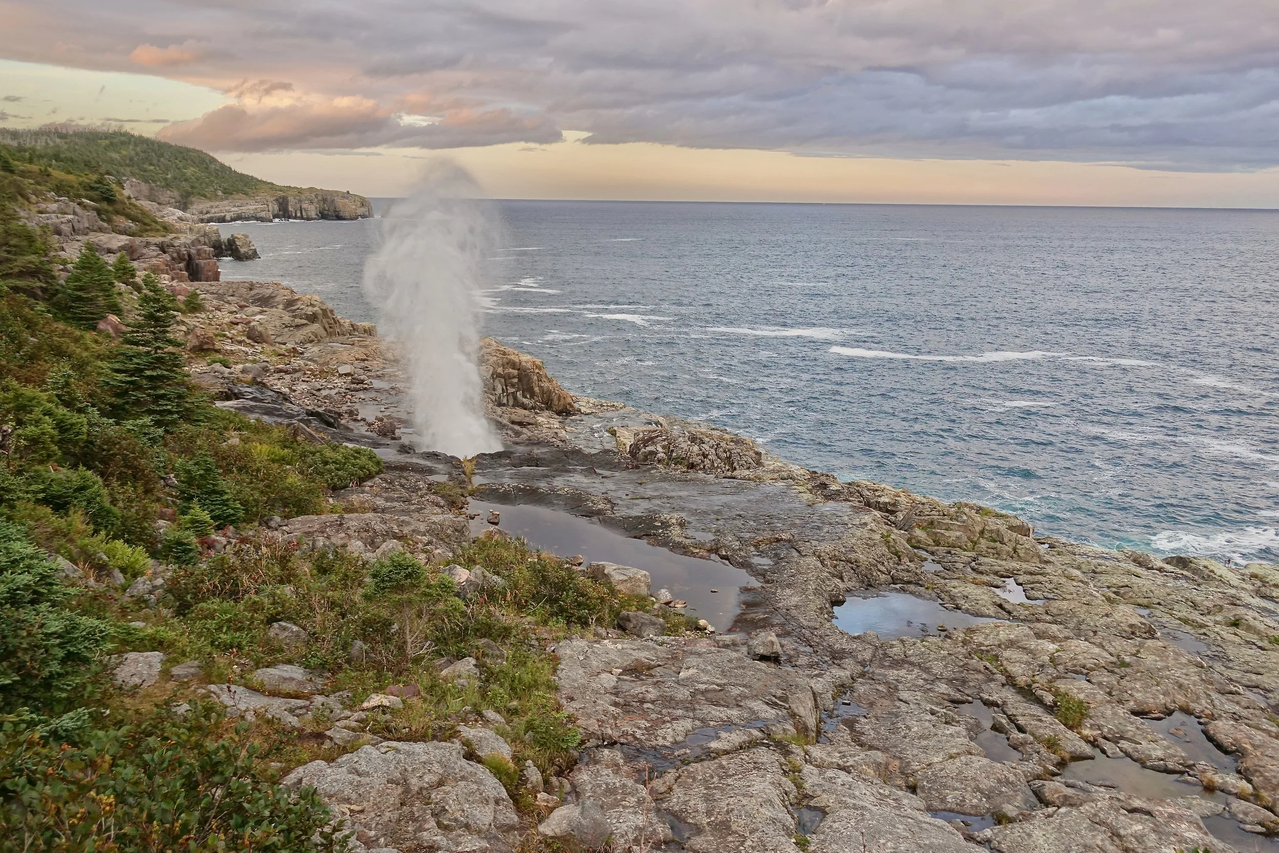 The Spout Geyser at sunset on the East Coast Trail in Newfoundland thru hike