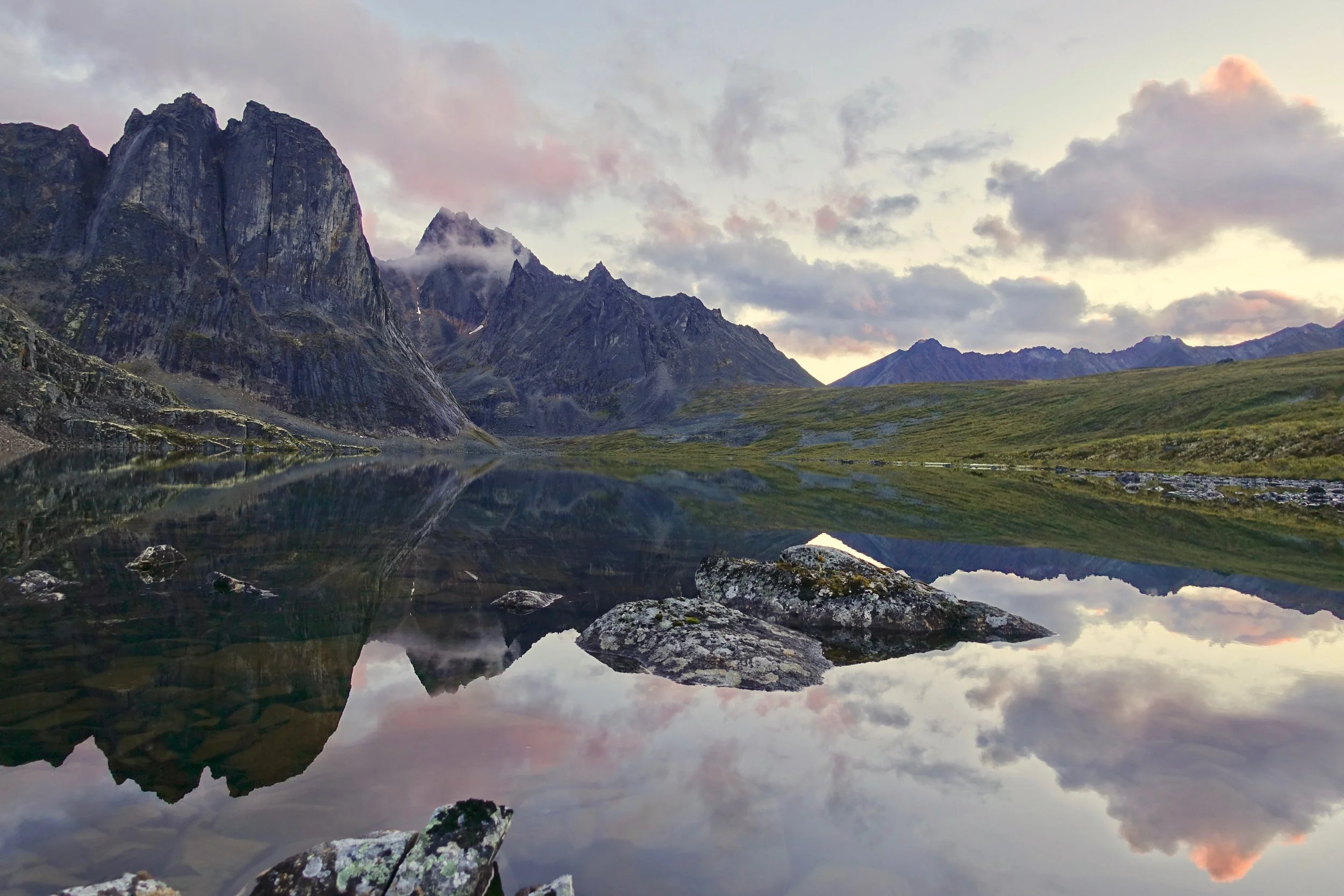 Divide Lake reflection on the Tombstones backpacking hike in the Yukon