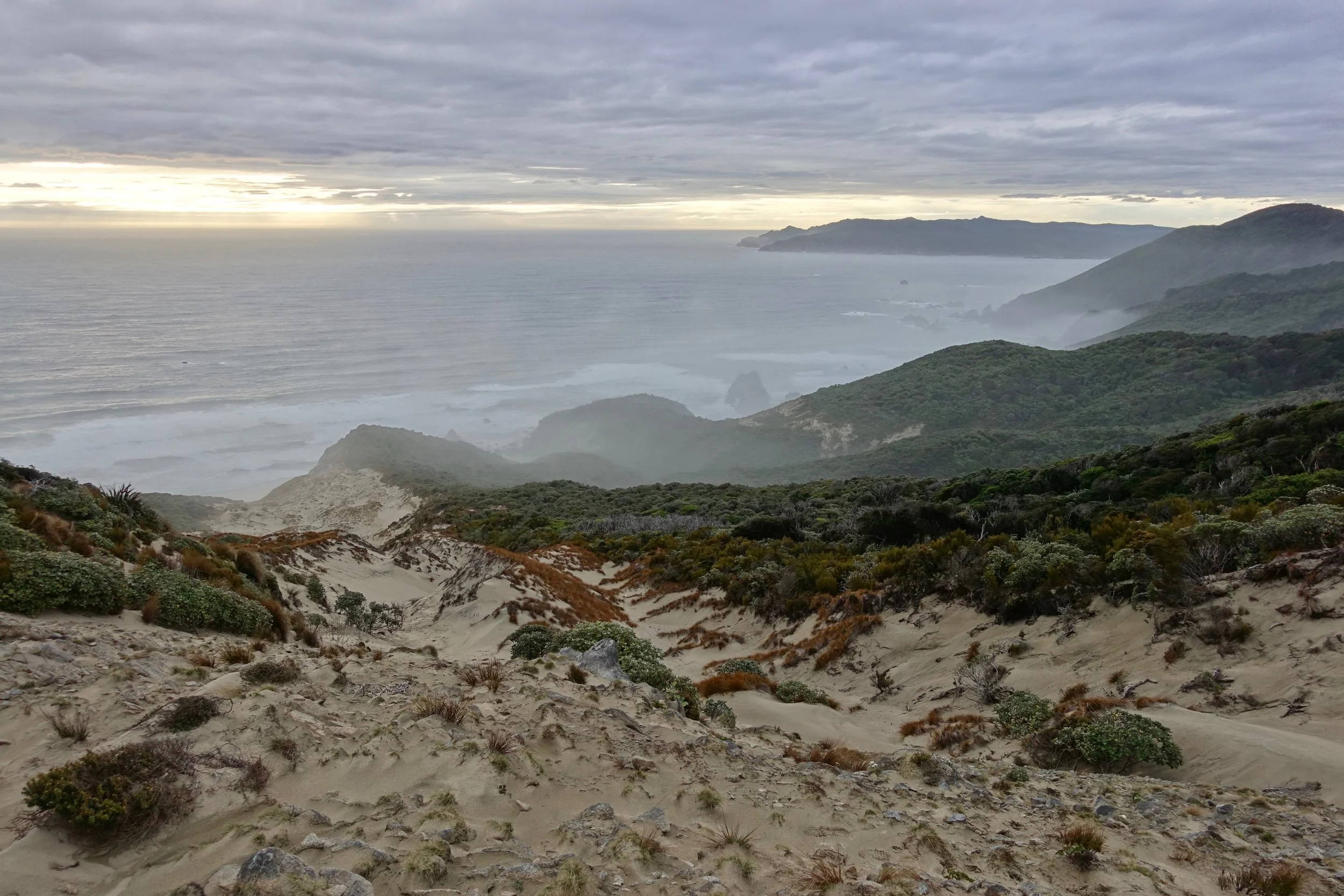 Sand dune above Big Hellfire beach on Stewart Island backpack in New Zealand