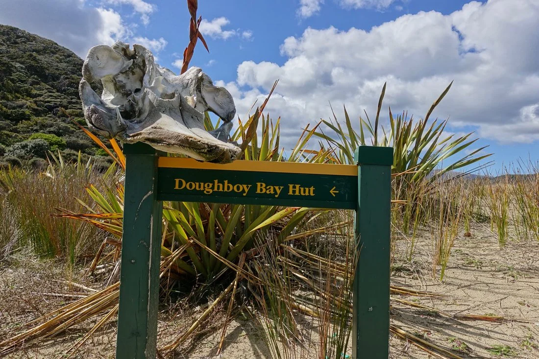 Doughboy Bay Hut sign on the walk