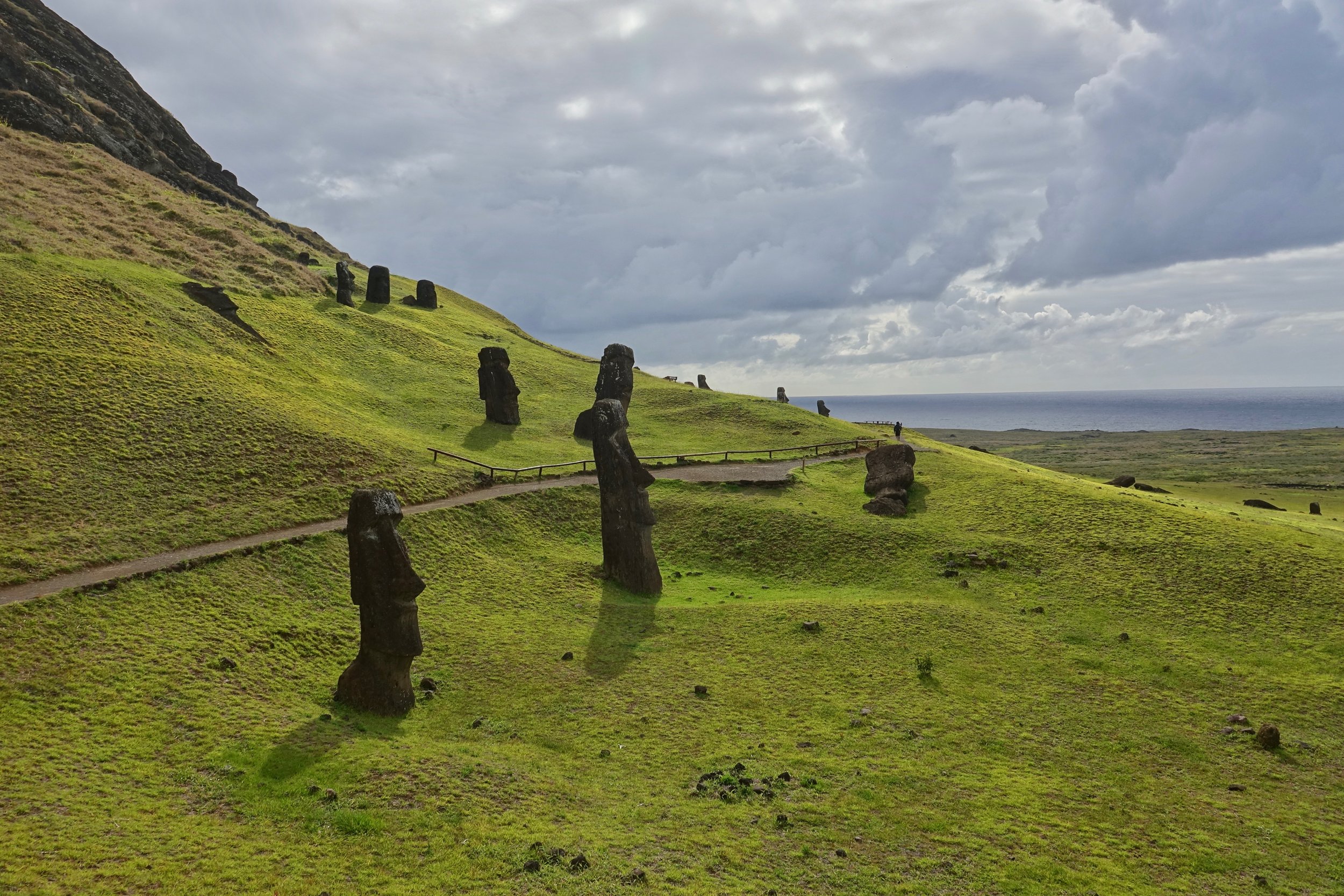 Moais on the Rano Raraku hike on Easter Island in chile