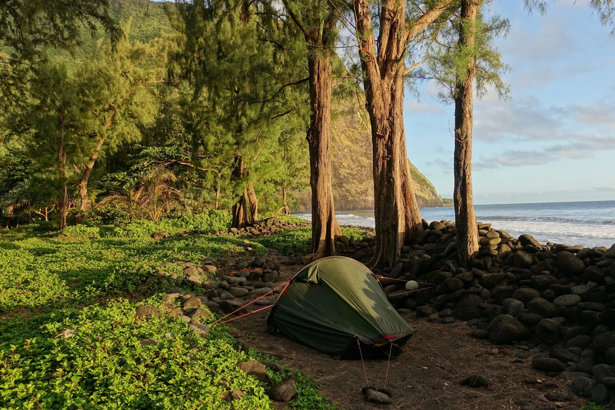 Waimanu campsite on the Muliwai trail in Hawaii
