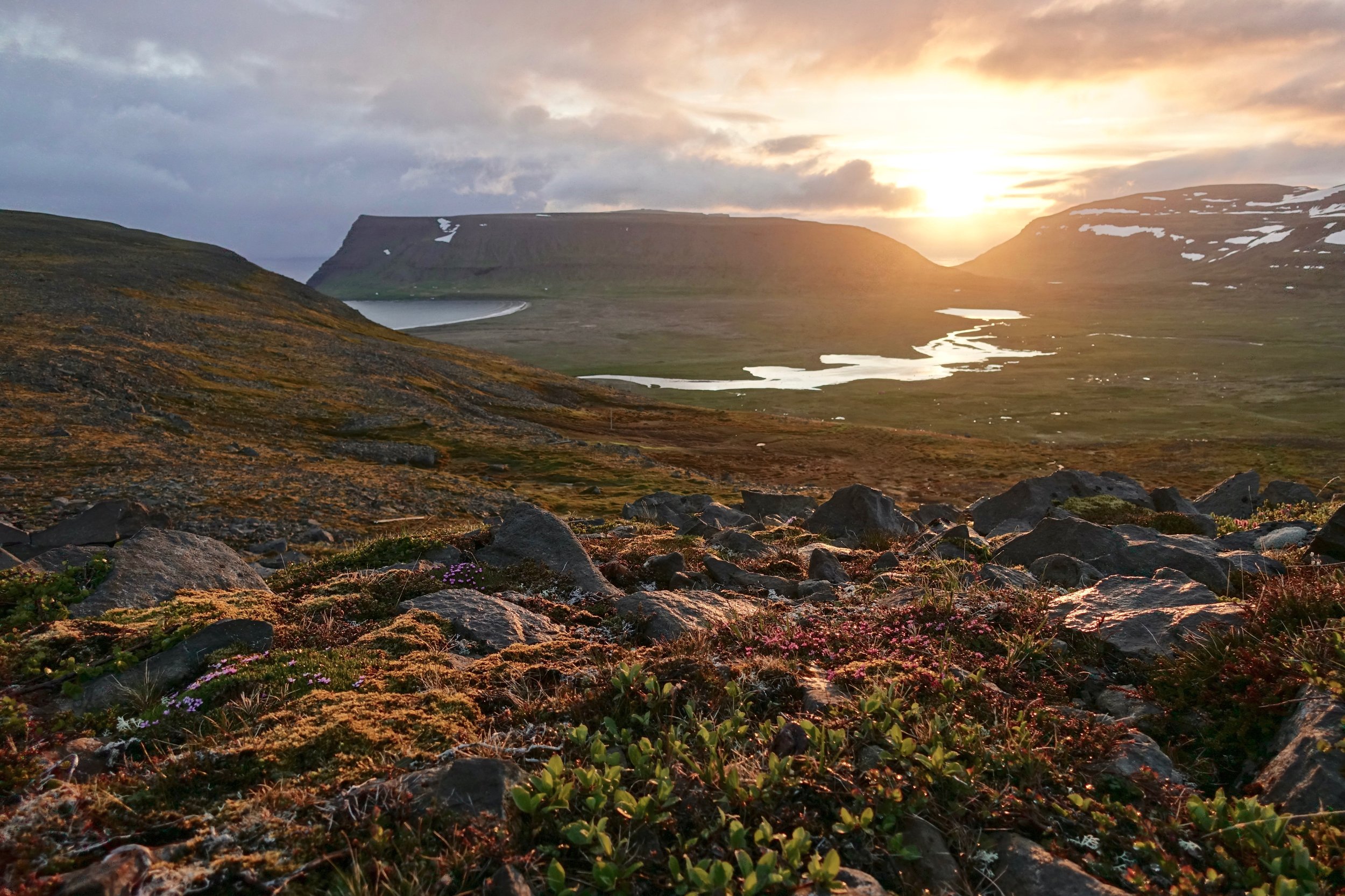 Sunset over Rekavik bak Latur and the Stakkadular valley on the Hornstrandir Nature Reserve in Iceland