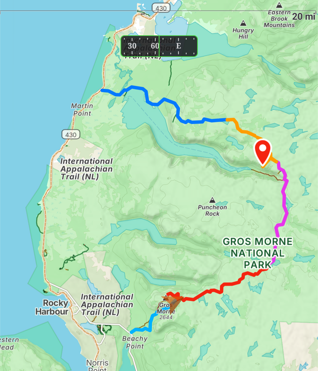 Overview map for Gros Morne backpacking trip of the combined Northern and Long Traverses