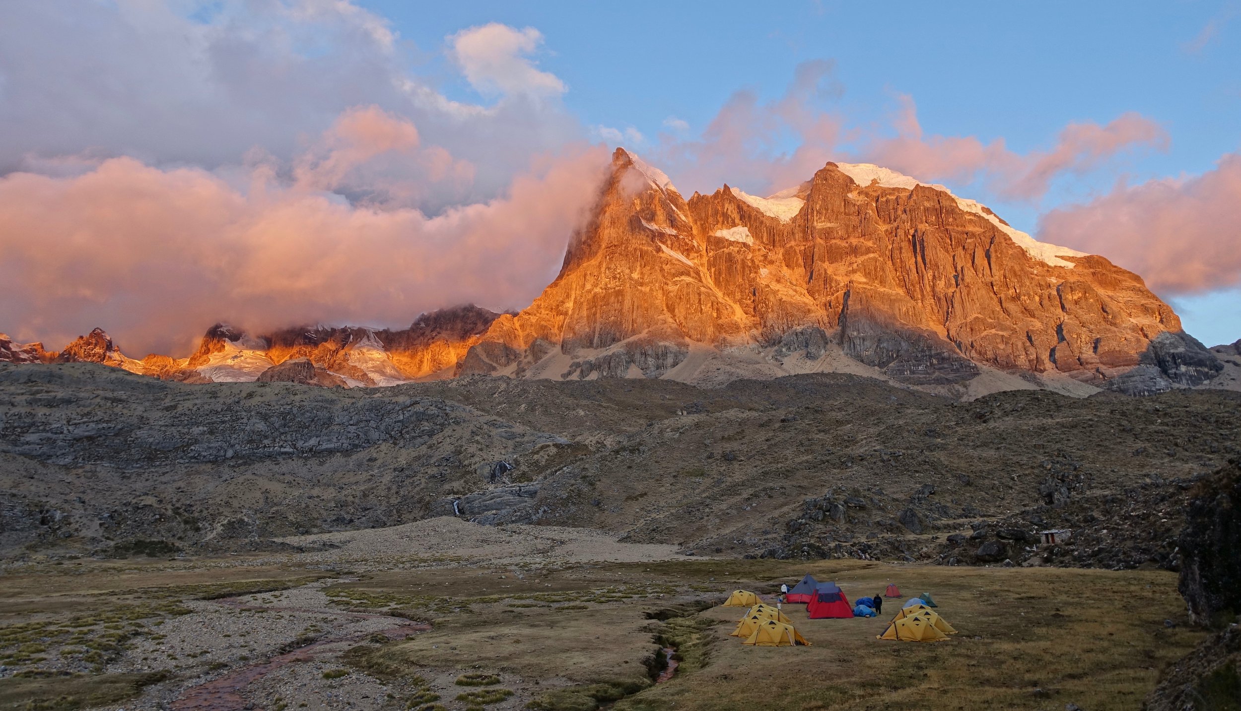 Pumpa Cuyoc Camp at sunset on Cordillera Huayhuash circuit in Peru