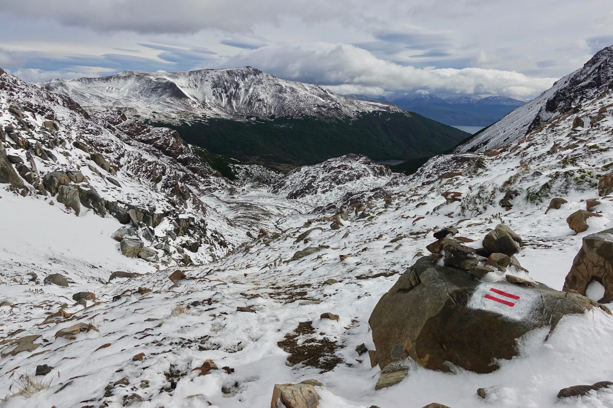 Snow on the Dientes de Navarino Circuit in Chile backpacking trip