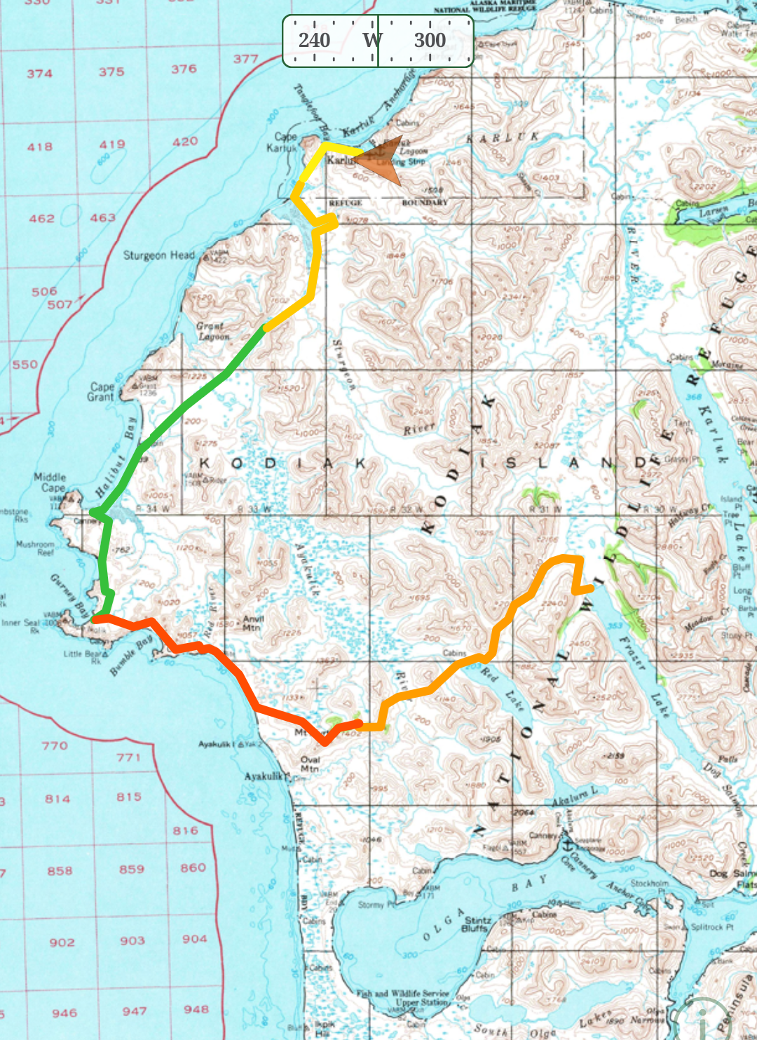 Map of Kodiak Island backpacking trip