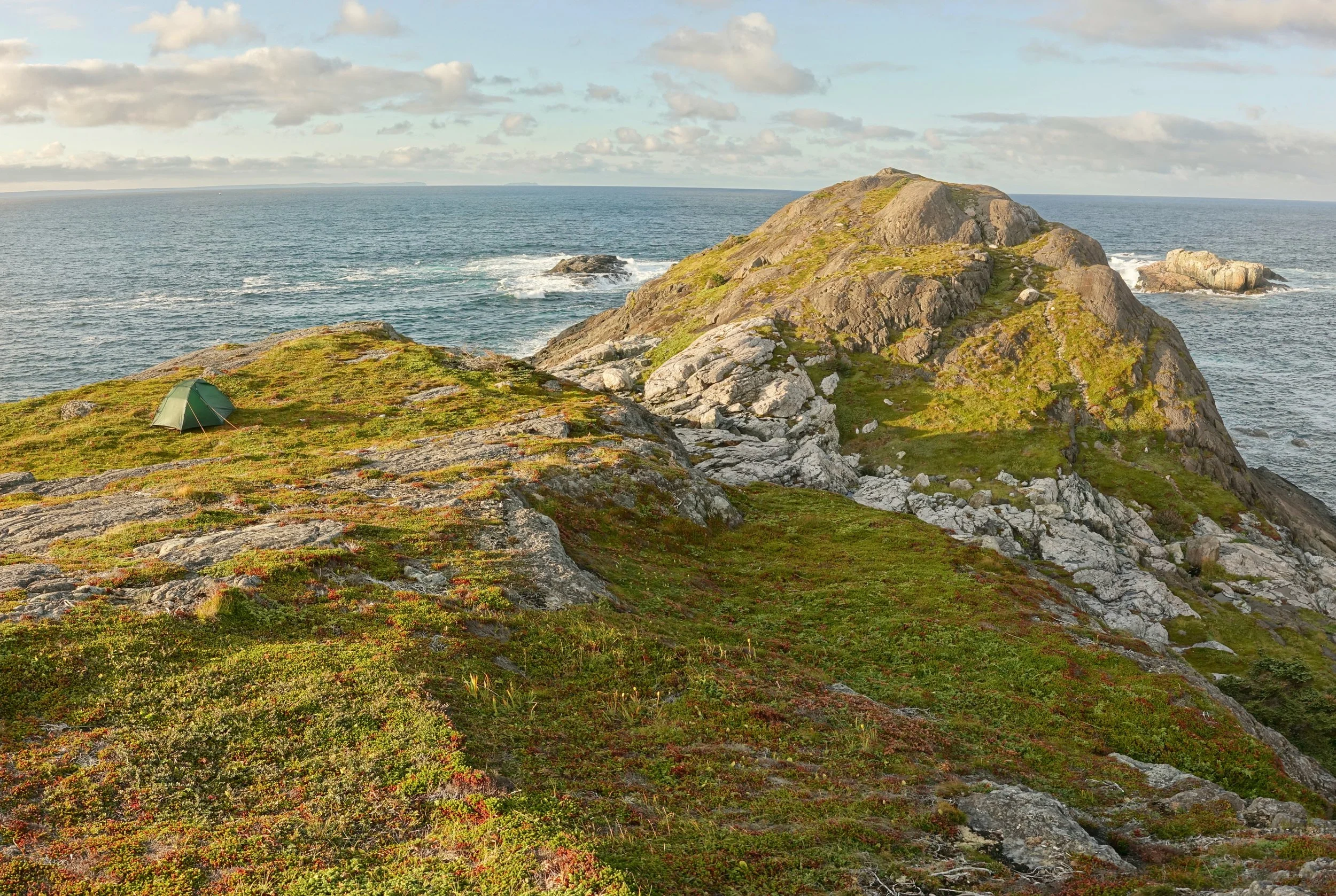 Tent camping at Cripple Cove on the ocean on the White Horse Path on East Coast Trail in Newfoundland