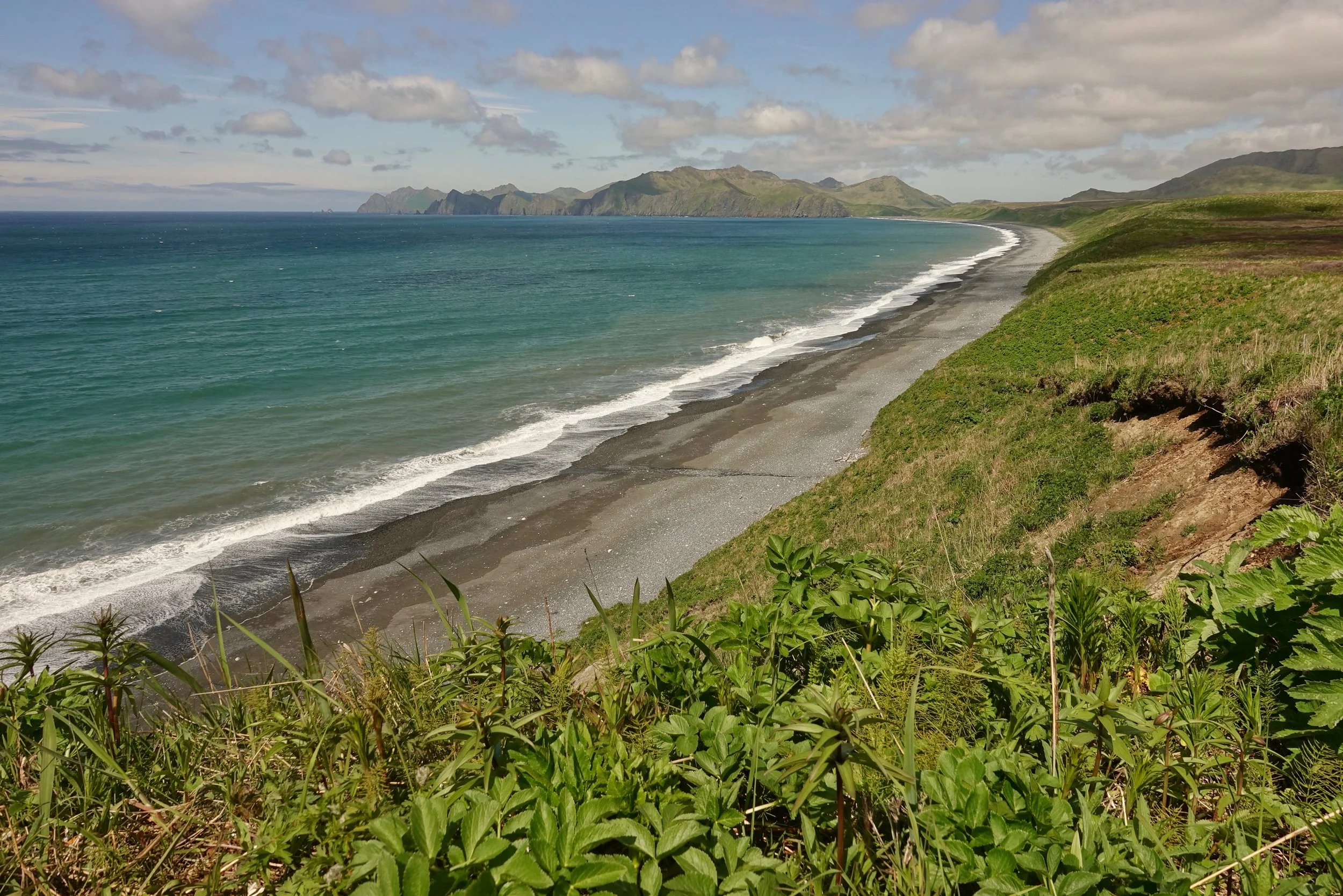 Pacific ocean beach on Kodiak Island hiking in Alaska